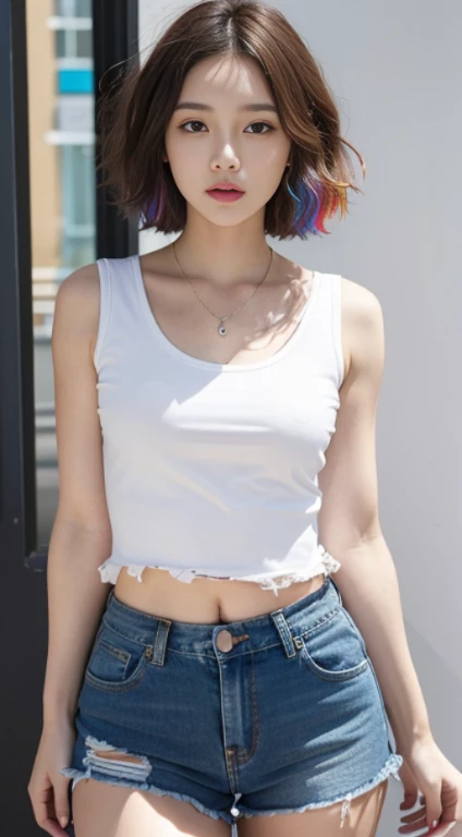 ((Medium chest, tomboy girl,)),  (Well-defined abs : 1.1), (Perfect body : 1.1), (short curly hair : 1.2) , auburn hair, collar, chain, full-body shot, crowded streets, wearing a vest, Denim jacket, (torn clothes:1.3)((shorts)), (Extremely detailed CG 8k wallpaper), (extremely delicate and beautiful), (masterpiece), (best quality:1.0), (ultra high resolution:1.0),  beautiful lights ,perfect lightning, Realistic shadows, [high resolution], Delicate skin, Super detailed (((rich and colorful))),high realism,