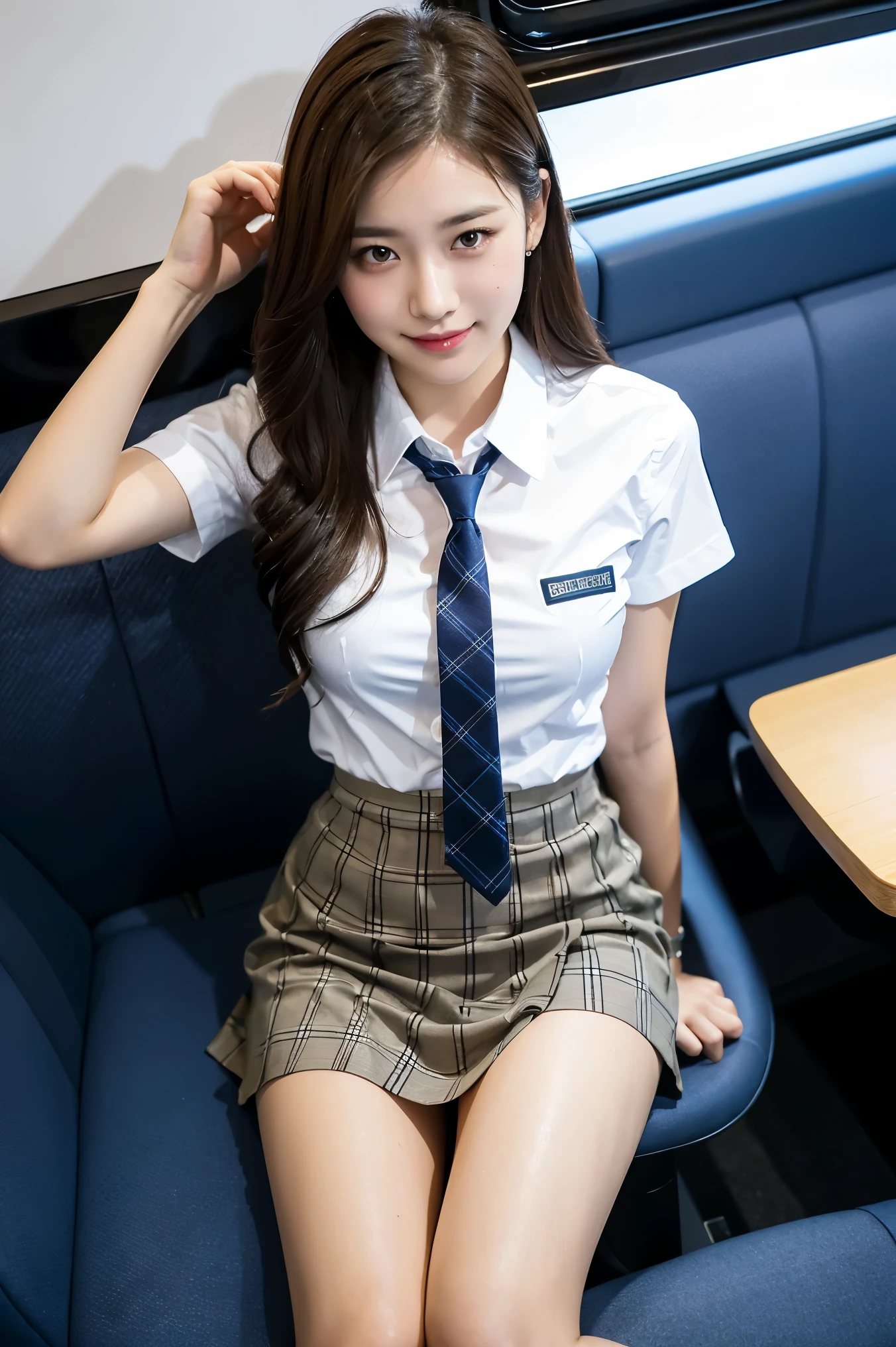 (8K), (highest quality: 1.2), (realistic), (realistic: 1.37), ultra high resolution, 1 girl, cute, smile, closed mouth, beautiful details, beautiful nose, wet hair, giant dulcefo, pork, thighs,Self snap,University Student Uniform,Sitting on a Tokyo train,simple blazer,pleated skirt,(The pattern of the skirt and tie is a tartan check pattern..:1.3),cross your legs, From above,thighs