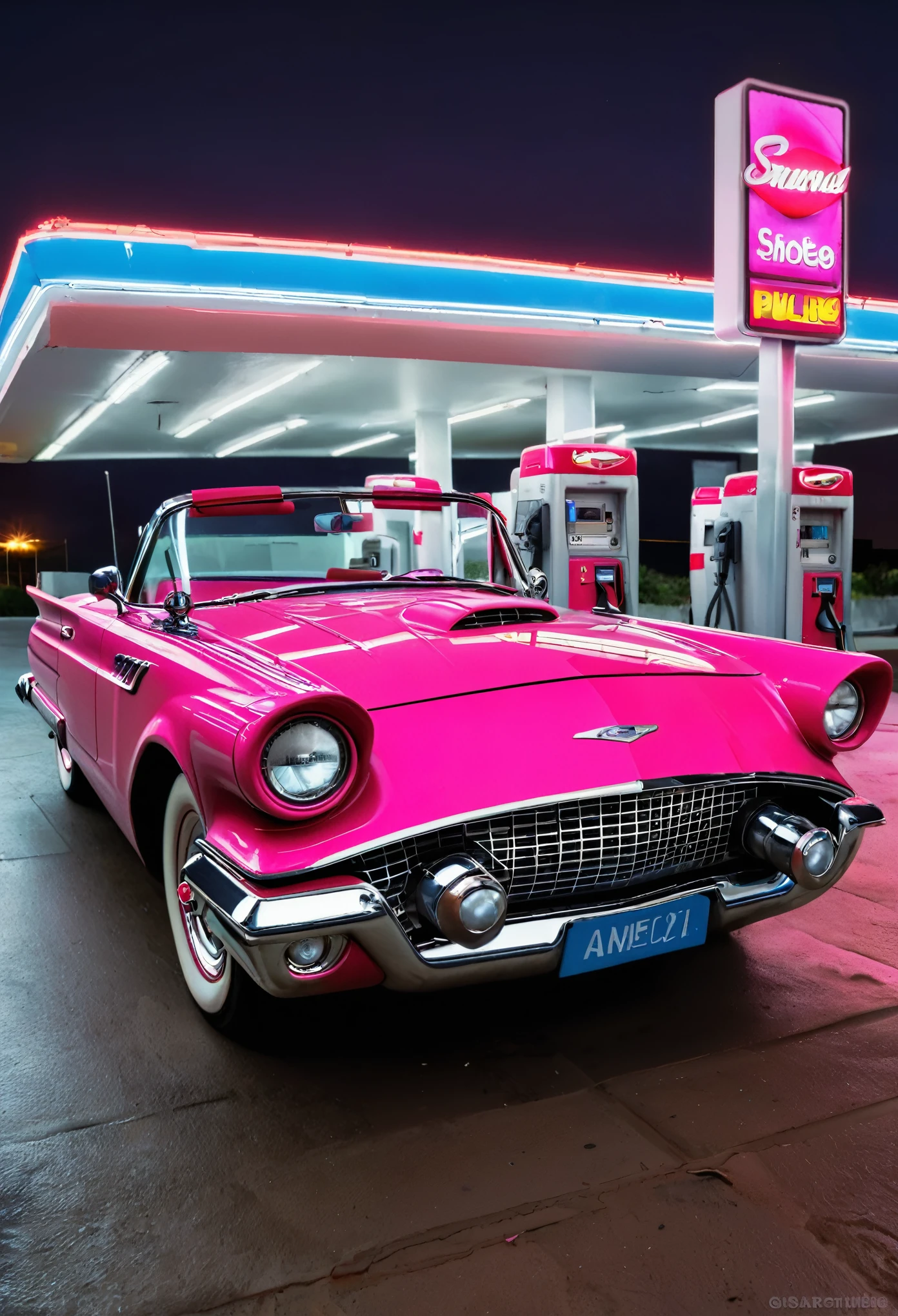 completo, diagonal photo of a 1959 ford thunderbird convertible in shiny polished metal bright pink color, a pintura reflete tudo ao seu redor, estilo ciberpunk, cercado de luz neon colorida, roda grossa, roda dourada, detalhes em dourado, Woman in sunglasses driving, neon na pintura do carro, pintura reflexiva que reflete tudo ao seu redor, farol detalhado, farol muito detalhado, as detailed as possible, hyper-realistic as realistic as possible, It's in a cyberpunk-style gas station with pink and blue neon lights everywhere, melhor qualidade, CRU, obra-prima, foto super fina, melhor qualidade, super high resolution, fotorrealista, luz solar, enquadrando o carro inteiro na foto, incrivelmente bonito,, dynamic poses