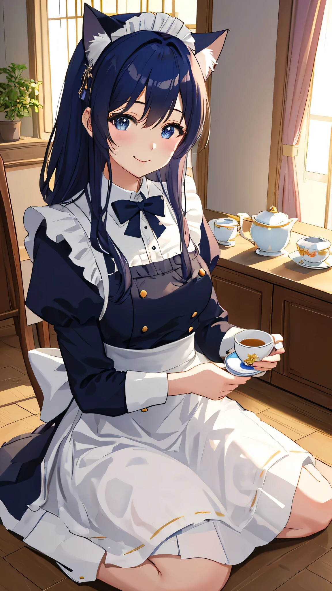 "(masterpiece)、(highest quality)、(8k)、(Super detailed depiction)、Anime style cat ears beautiful girl。theme: maid。hair color: Deep Blue。clothing: Classic maid clothes with white apron。Pause: Smiling and holding a tea set。The background is the living room of a large Western-style house.、The soft sunlight coming through the window。"