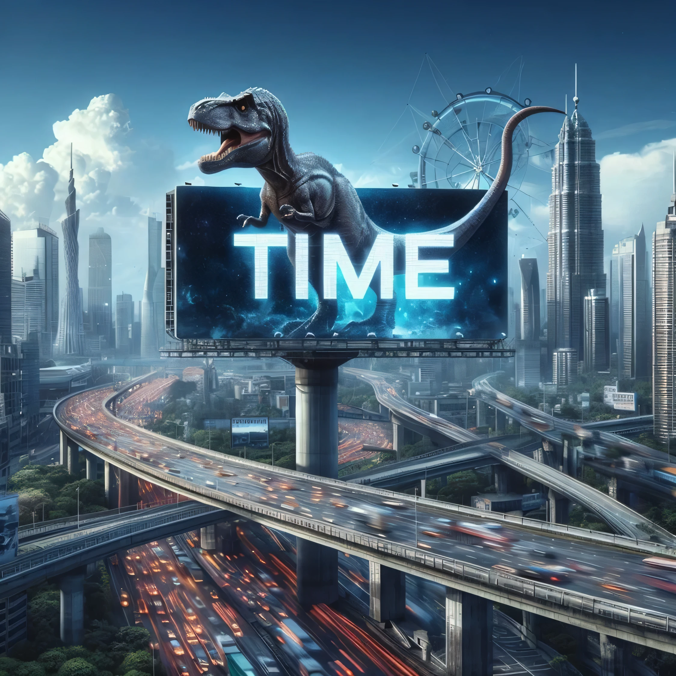 a large dinosaur statue on top of a billboard with a city in the background, optimistic matte painting, inspired by Chris LaBrooy, time travel theme, matte painting movie poster, time, time travel, surreal matte painting, at the time of dinosaurs, 3 d render and matte painting, by Chris LaBrooy, hyperrealistic matte painting, 3d matte painting