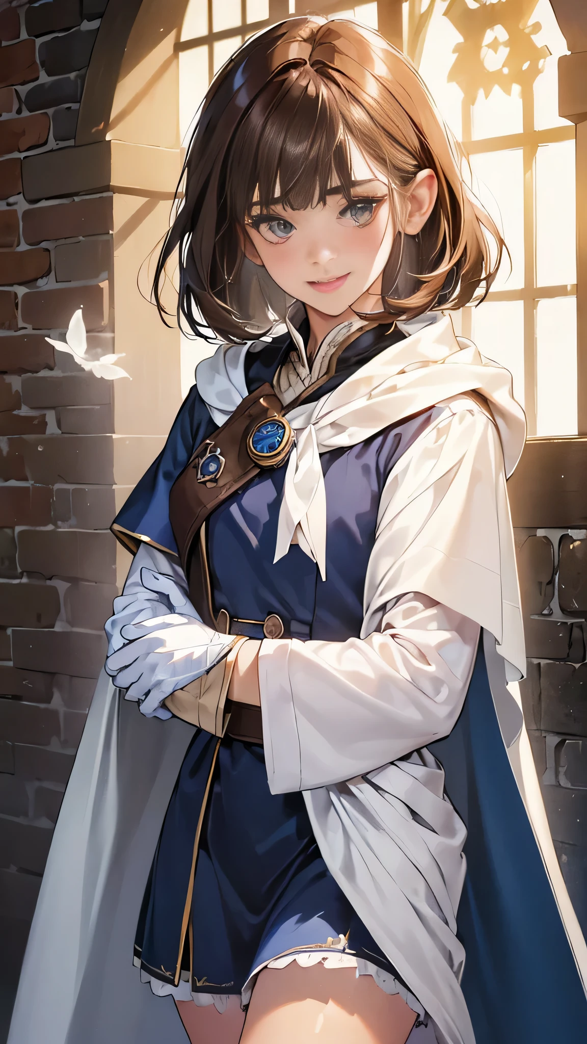 (((((girl))))), masterpiece, ultra detailed, 8K Portrait, Raw photo, woman's portrait photography, full body, Highly detailed face, mischievous childish smile, blush, ((Fantasy)), (((hobbit))), ((Adult)), 45 years old, 110cm, (((ALCHEMIST))), ((tanned skin)), (((olive brown short bob hair))), (((blunt bangs))), hair ornament, (((white silk long cloak))) Fluttering in the wind, (high school dark blue uniform:1.5), long skirt, leather gloves, Midday sun, Hyper realistic, Slender body, by the snowy castle, Ambient lighting, Shadow details, Camera focus on face, strong breeze, Light fog