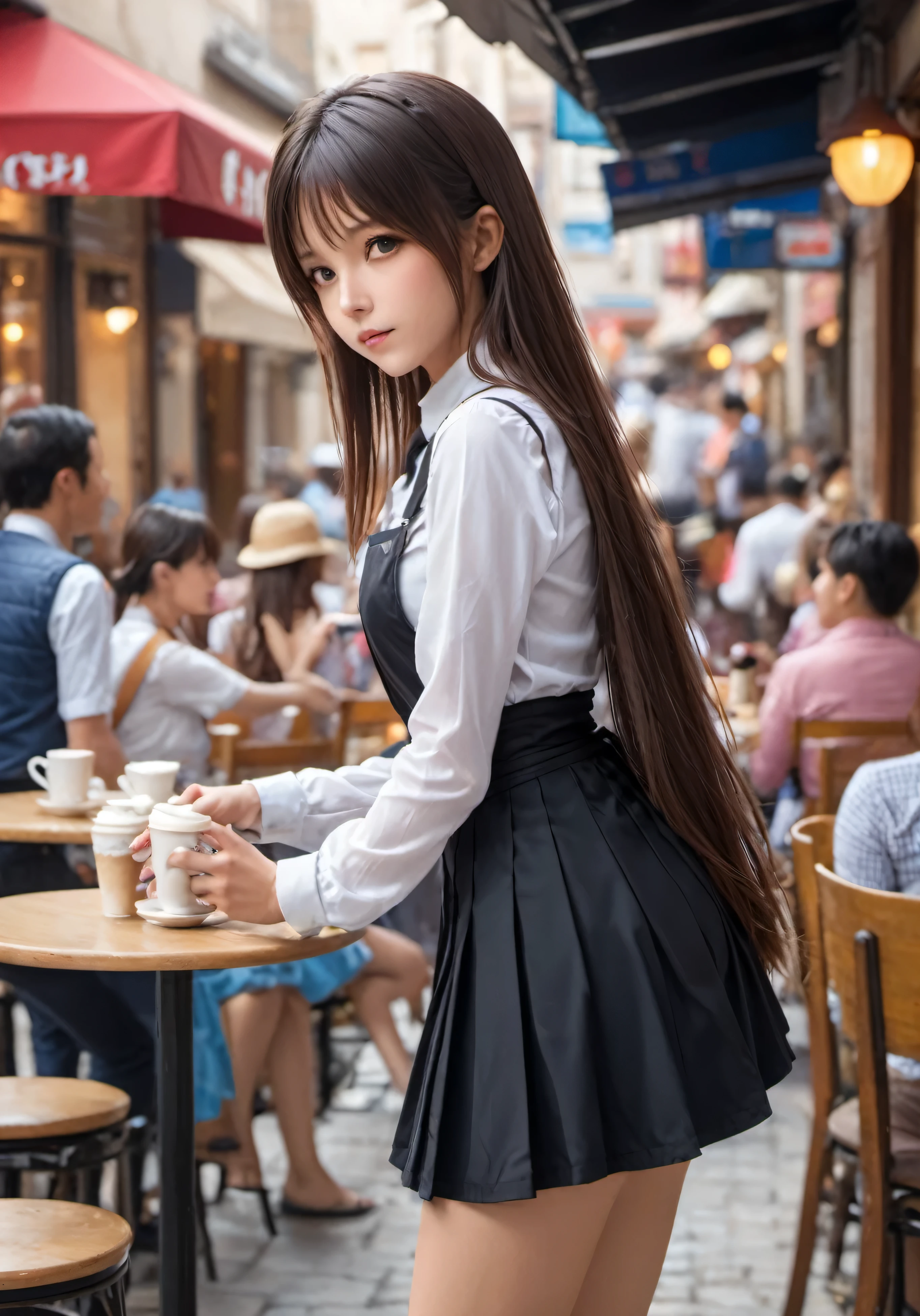 photograph, disorganized, High resolution, super detailed, maid girl,:d、((Long straight hair_Hair reaching down to the waist:1.3))、mini skirt、In a crowded café at dusk
