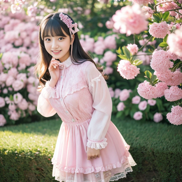 best quality, masterpiece, lifelike, 1 girl, alone, eternal, black hair, Long curly hair, blunt bangs, Smile, pink skirt, pink lolita dress, layered skirt, Lolita style long skirt,分層連衣裙 lace-trimmed 裙子, decorate, lace, long sleeve, puff sleeves, wide sleeves, Transparent sleeves, hair accessories, 在flower园里, flower, Detailed background, delicate face,pink blush,White knee-length socks, Pink shoes,cold,Lots of lace,((masterpiece))、(top quality)、8K、high detail、super detailed、 21 years old female,穿着pink lolita dress((dreamy atmosphere:1.1))、Seductive and whimsical style、masterpiece、born、Scenes resembling fairy tale illustrations、Intricate details showcase the ruffles and intricate designs of the Lolita dress、beautifully、magic、capricious、 beautifully、Dream aesthetics、「𝓡𝓸𝓶𝓪𝓷𝓽𝓲𝓬、ethereal、charming、fickle、magic」、realism、Visual effect、FXAA、SSAO、shader、voiceless、ambient lighting、Tone mapping、High resolution、ultra high definition、megapixel、(8K resolution:1.10)、8K、Below 8K、8K resolution、high detail、intricate details、她的脸上exposed惊讶和敬畏的表情、 (high quality:1.2、masterpiece:1.2、:1.21)、(21 years old female:1.21)、(興奮地Smile)、(Surrounded by the dreamy atmosphere of an amusement par色洛丽塔连衣裙、Her eyes were full of surprise and joy、I took a lot of geek photos、、High heel、Model diagram,full-body shot,Knee-high 白色的 lace socks,Sweet Lolita,Normal 2 feet,Pink shoes,Baotou shoes,full-body shot,baby star dress,have,不要exposed你的手指,cold,Emphasize the volume of the skirt,exposed,huge breasts,White panties,The skirt flew up,spread your legs,low cut,exposed,Puffy Skirt,hair accessories,big skirt dress