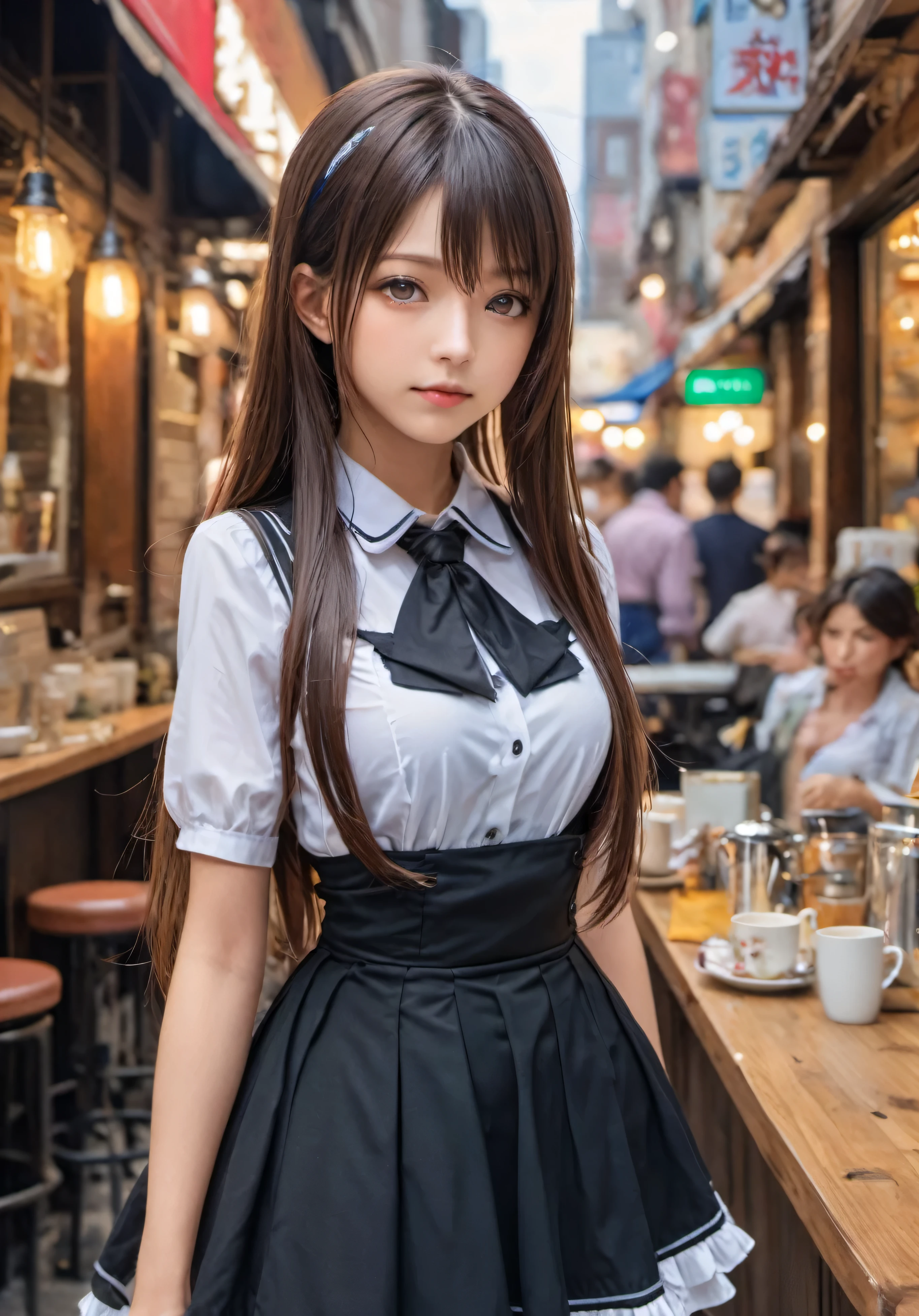 photograph, disorganized, High resolution, super detailed, maid girl,:d、((Long straight hair_Hair reaching down to the waist:1.3))、mini skirt、In a crowded café at dusk