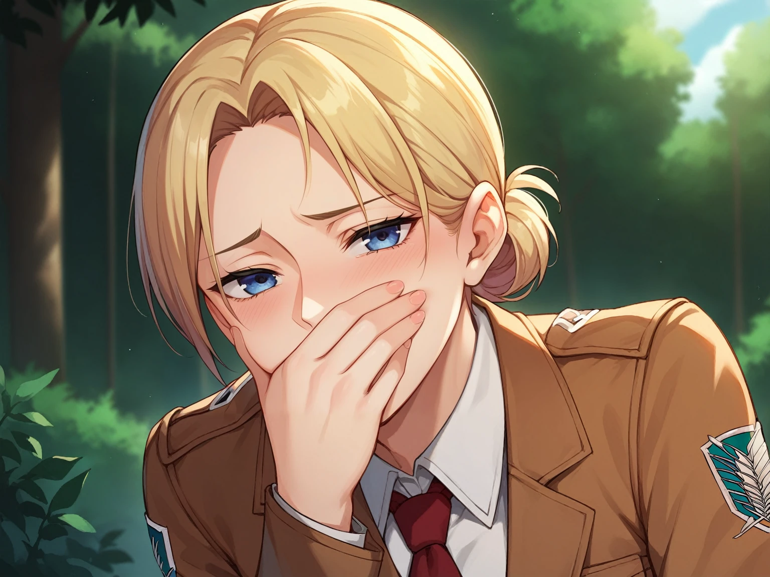 score_9, score_8_up, score_7_up, score_6_up, source_anime, BREAK,1girl, annie leonhart, attack on titan, seras, outdoors, in Forest, face focus, face closeup, face, face only, smug, shy, embarrassed, covering mouth, covering eyes
