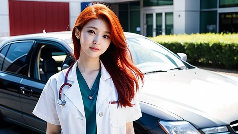 red hair medical student standing in hospital entrance with her car