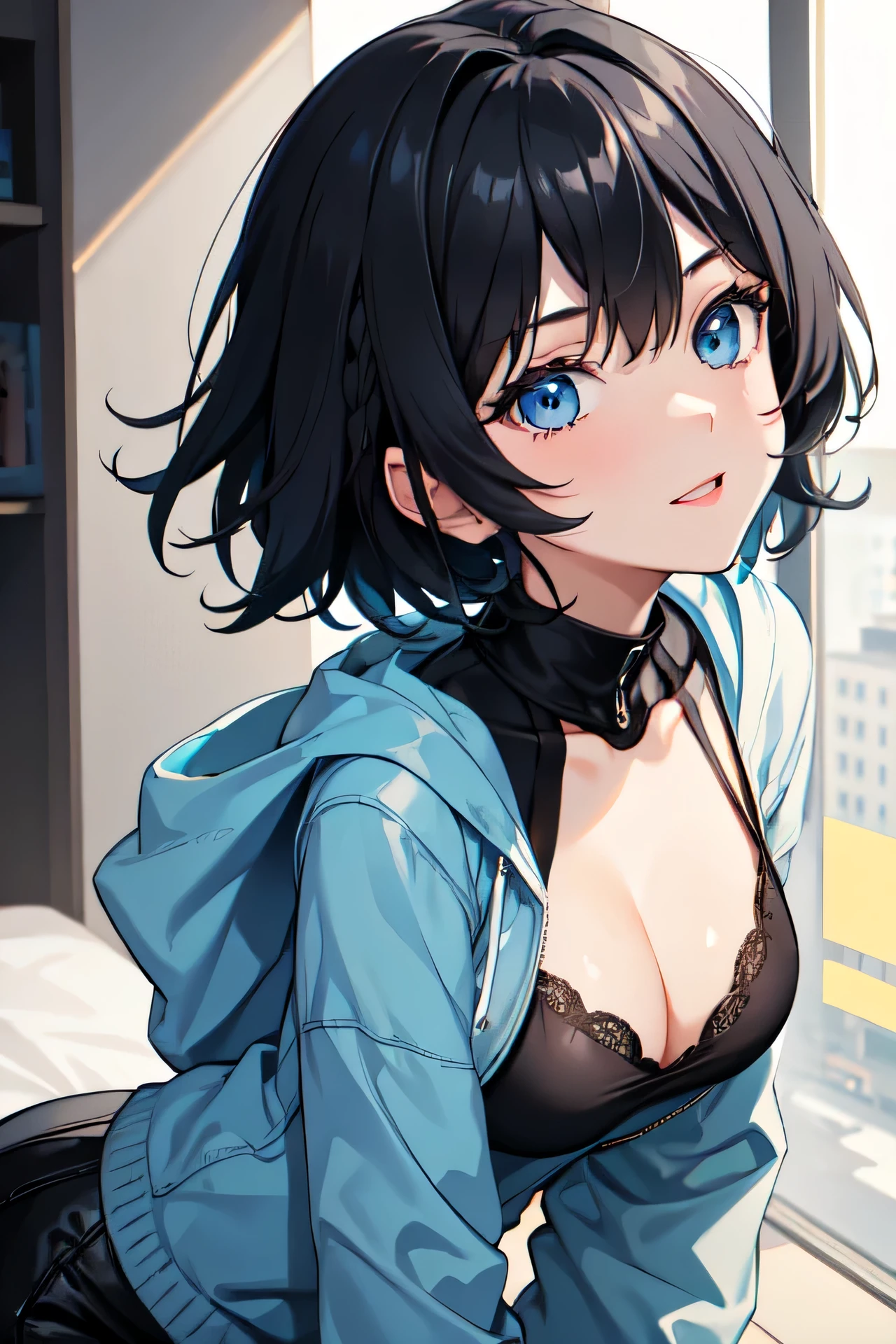 girl,,black hair,short hair,light blue eyes,happy