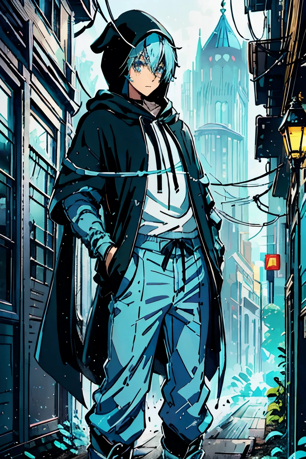1boy, ((light blue hair)), ((blue shinny eyes)), smile, ((brow pants)), ((dressing a black hood)).