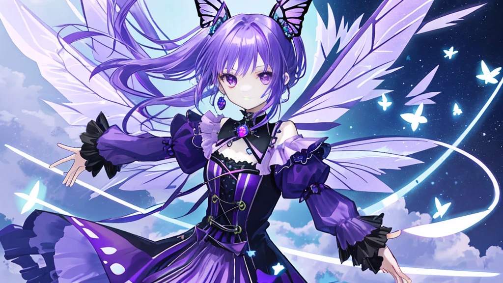 girl with purple hair, purple eyes, purple butterfly clip, purple fairy wings with blue gradient, sky