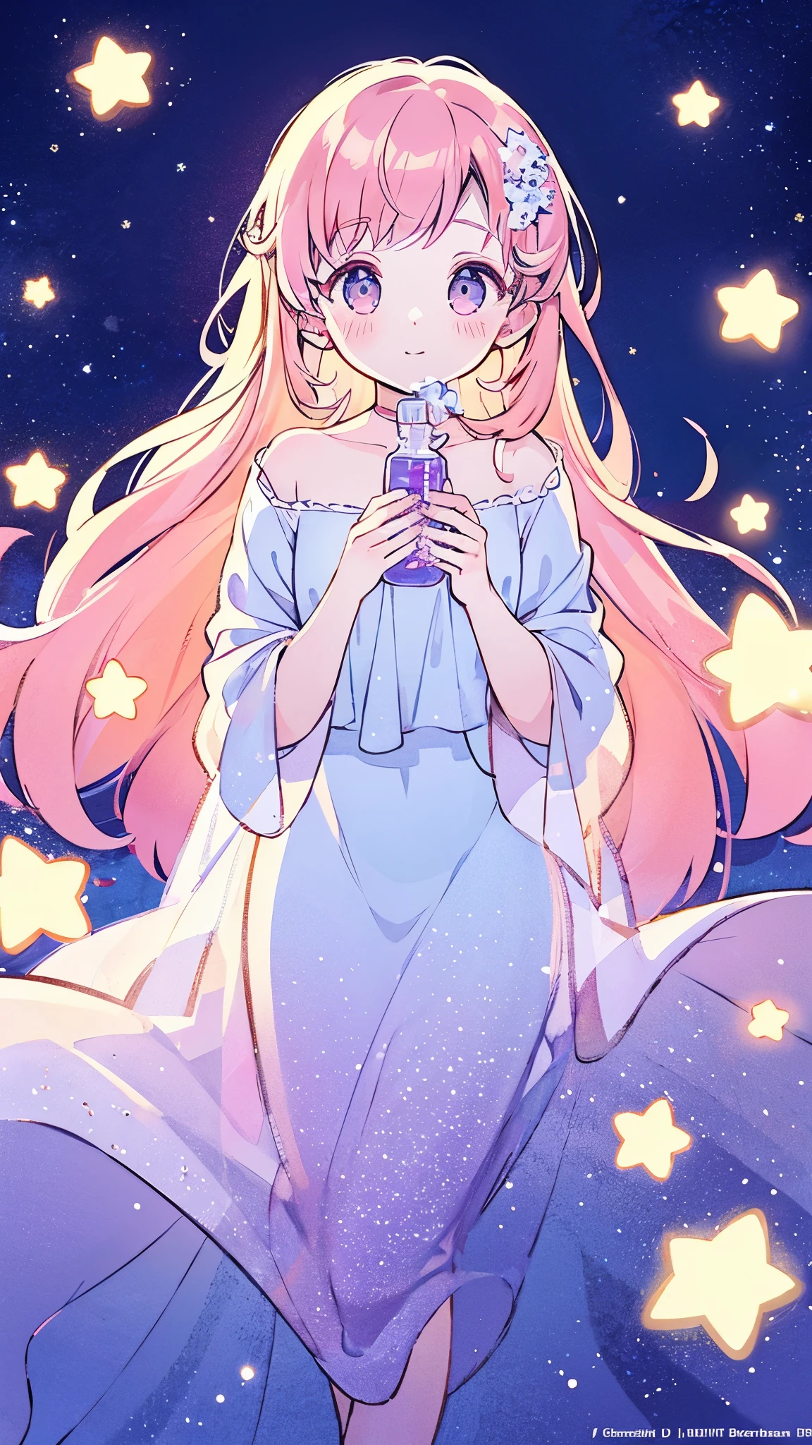 complex background, wishing star background, a woman wearing an ethereal mystical pink translucent dress that reflects the stars, perfume promo art, mystic, complex drawing, highly detailed, Covergirl brand, promo art, artistic rendition, ethereal, starry night, midjourney style