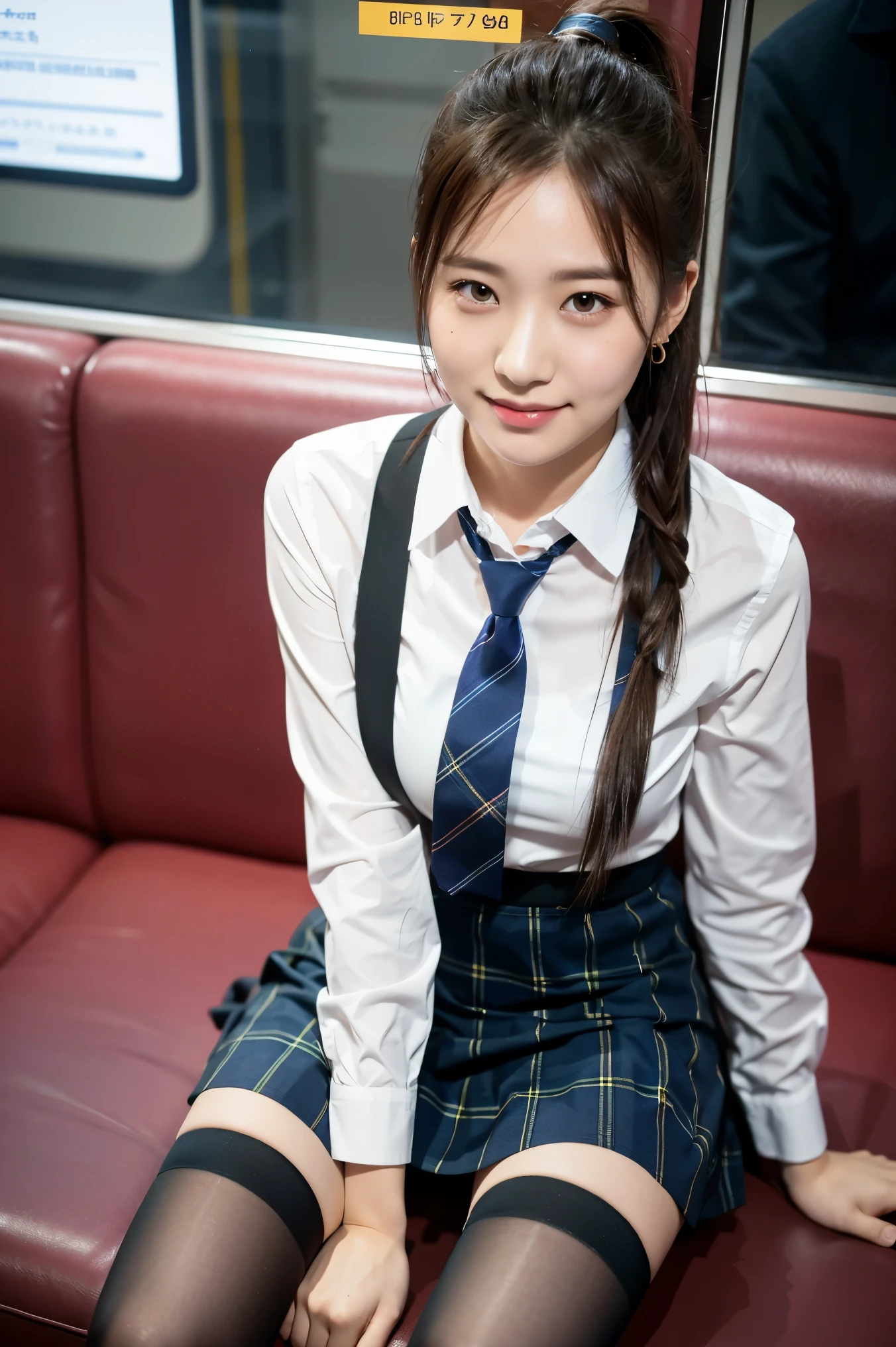 (8K), (highest quality: 1.2), (realistic), (realistic: 1.37), ultra high resolution, 1 girl, cute, smile, closed mouth, beautiful details, beautiful nose, wet hair, giant dulcefo, pork, thighs,Self snap,University Student Uniform,Sitting on a Tokyo train,simple blazer,pleated skirt,(The pattern of the skirt and tie is a tartan check pattern..:1.3),cross your legs, From above,thighs,ponytail,opaque knee high tights