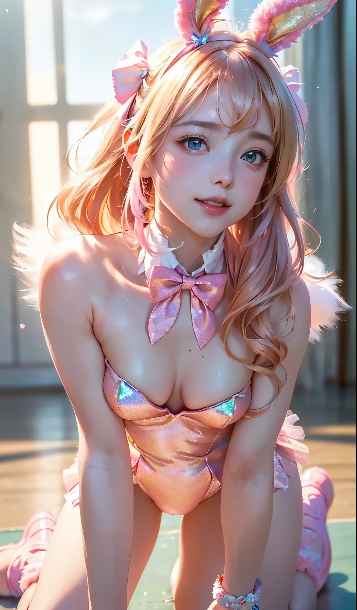 masterpiece, best quality, extremely detailed CG unity 8k wallpaper, (Upper Body head close-up shot of a beautiful  girl), Wendy, Elegant Long straight blonde hair, (Mckenna Grace), ((flat chest,thighs)), ((pink-Cyan)) golden ((Glittering tutu,long Bunny Ear Headgear, glove, Bow-tie, zettai ryouiki)), ((Kneel,all fours,from below)), (Blush), oil skin, (seductive smile), (Wonderland), pretty face, key art, award winning, intricate detail realism hdr, by (ruan jia and artgerm and range murata), Photorealism, Hyperrealism, ultra realistic, dramatic light, intense shadows, gorgeous view, depth of field
 
