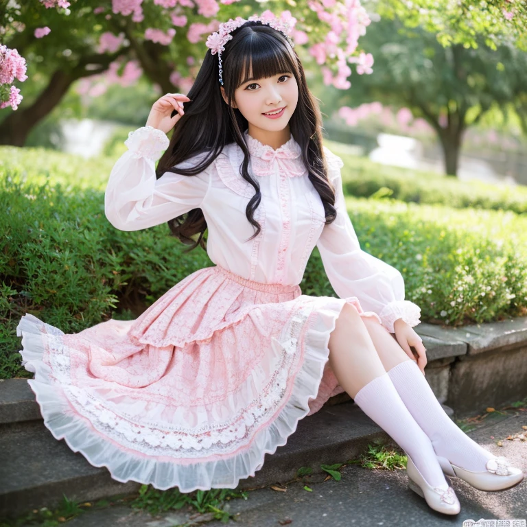 best quality, masterpiece, lifelike, 1 girl, alone, eternal, black hair, Long curly hair, blunt bangs, Smile, pink skirt, pink lolita dress, layered skirt, Lolita style long skirt,分層連衣裙 lace-trimmed 裙子, decorate, lace, long sleeve, puff sleeves, wide sleeves, Transparent sleeves, hair accessories, 在flower园里, flower, Detailed background,  delicate face，pink blush，White knee-length socks, Pink shoes，cold，Lots of lace，((​masterpiece))、(top quality)、8K、high detail、super detailed、 21 years old female，穿着pink lolita dress((dreamy atmosphere:1.1))、Seductive and whimsical style、​masterpiece、born、Scenes resembling fairy tale illustrations、Intricate details showcase the ruffles and intricate designs of the Lolita dress、beautifully、magic、capricious、 beautifully、Dream aesthetics、「𝓡𝓸𝓶𝓪𝓷𝓽𝓲𝓬、ethereal、charming、fickle、magic」、realism、Visual effect、FXAA、SSAO、shader、voiceless、ambient lighting、Tone mapping、High resolution、ultra high definition、megapixel、(8K resolution:1.10)、8K、Below 8K、8K resolution、high detail、intricate details、A look of surprise and awe on her face、 (high quality:1.2、​masterpiece:1.2、:1.21)、(21 years old female:1.21)、(興奮地Smile)、(Surrounded by the dreamy atmosphere of an amusement par色洛丽塔连衣裙、Her eyes were full of surprise and joy、I took a lot of geek photos、、High heel、Model diagram，full-body shot，Knee-high 白色的 lace socks,Sweet Lolita，Normal 2 feet，Pink shoes，Baotou shoes，full-body shot，baby star dress，have，Don't show your fingers，cold，Emphasize the volume of the skirt，exposed，huge breasts，White panties,The skirt flew up，spread your legs，low cut，Expose panties，Puffy Skirt，hair accessories，big skirt dress