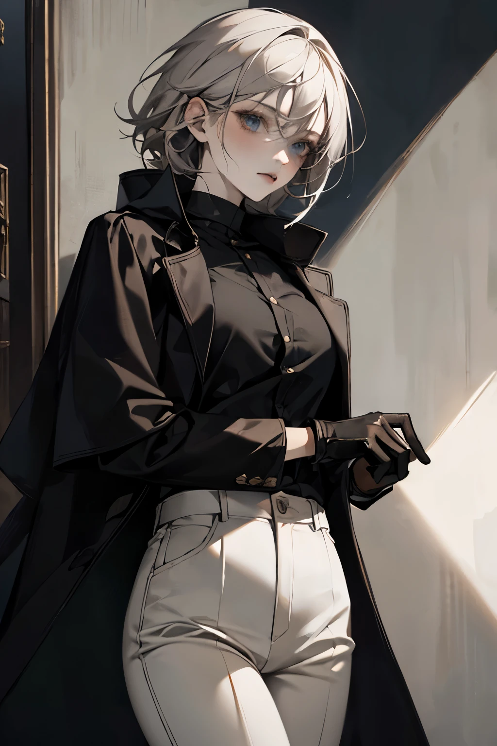 Masterpiece, best quality, highres, mature, solo, female, mafia, black shirt, white pant, black gloves, black coat, medium hair, gray hair, light blue eyes