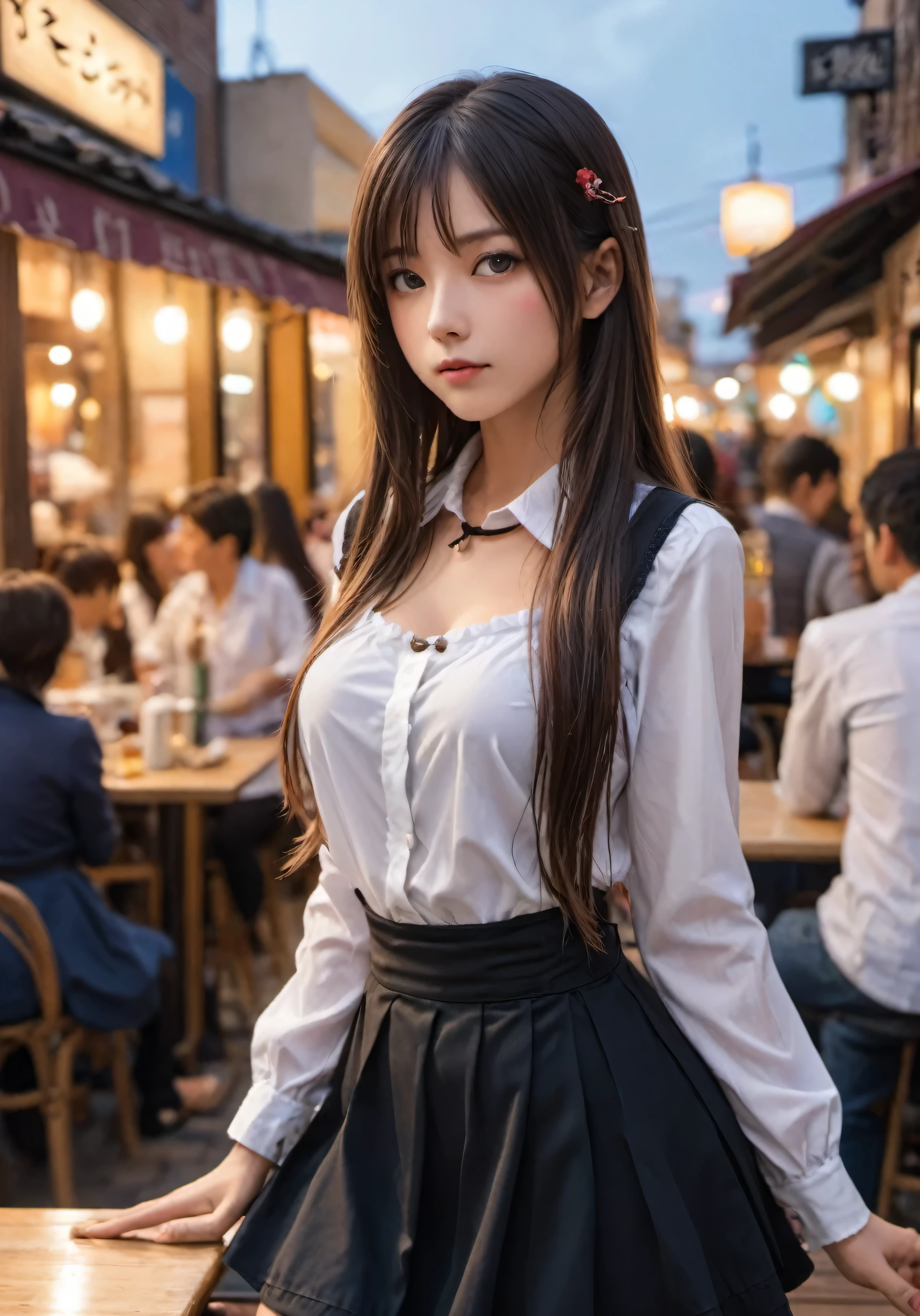 photograph, disorganized, High resolution, super detailed, maid girl,:d、((Long straight hair_Hair reaching down to the waist:1.3))、mini skirt、In a crowded café at dusk