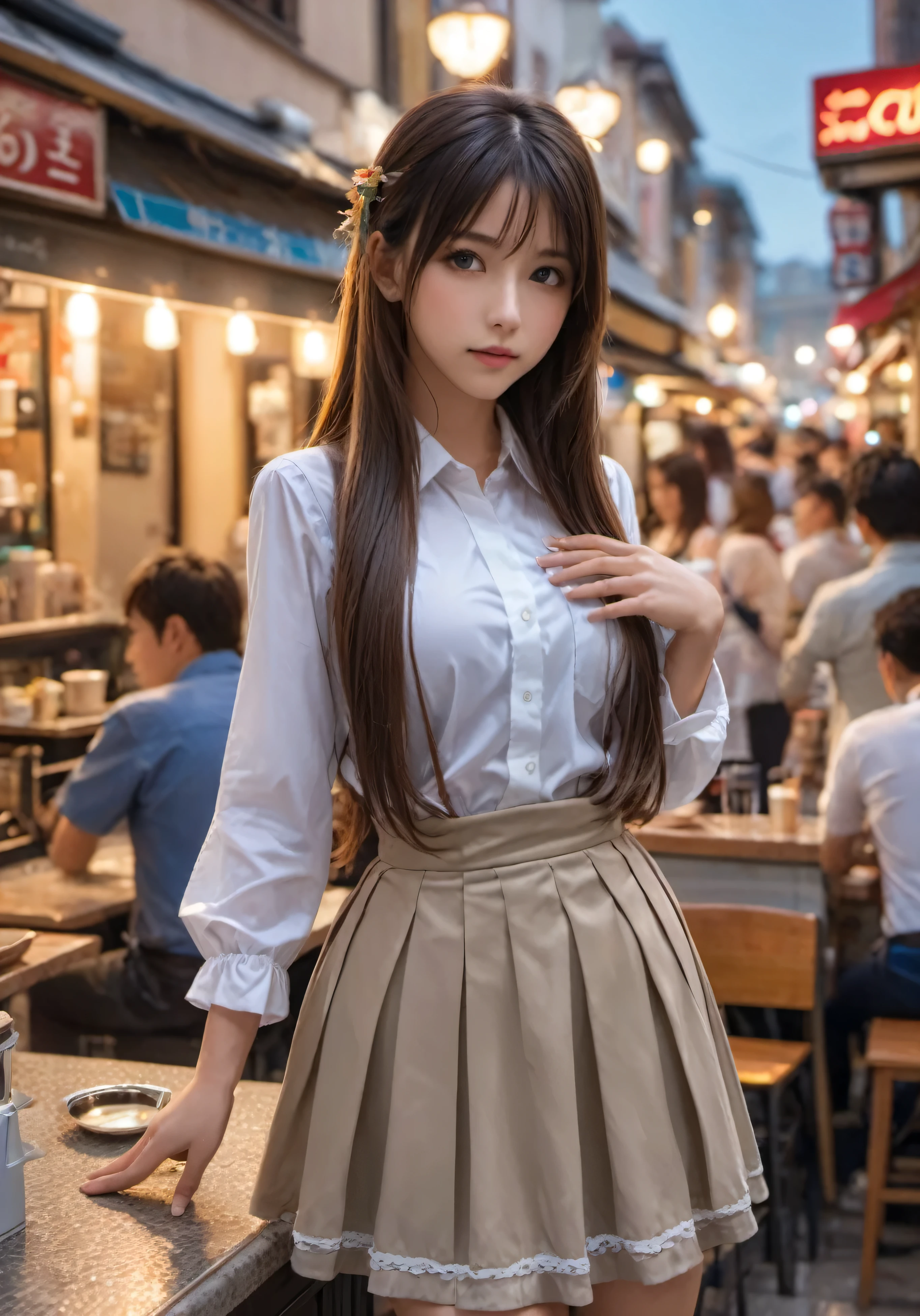 photograph, disorganized, High resolution, super detailed, maid girl,:d、((Long straight hair_Hair reaching down to the waist:1.3))、mini skirt、In a crowded café at dusk