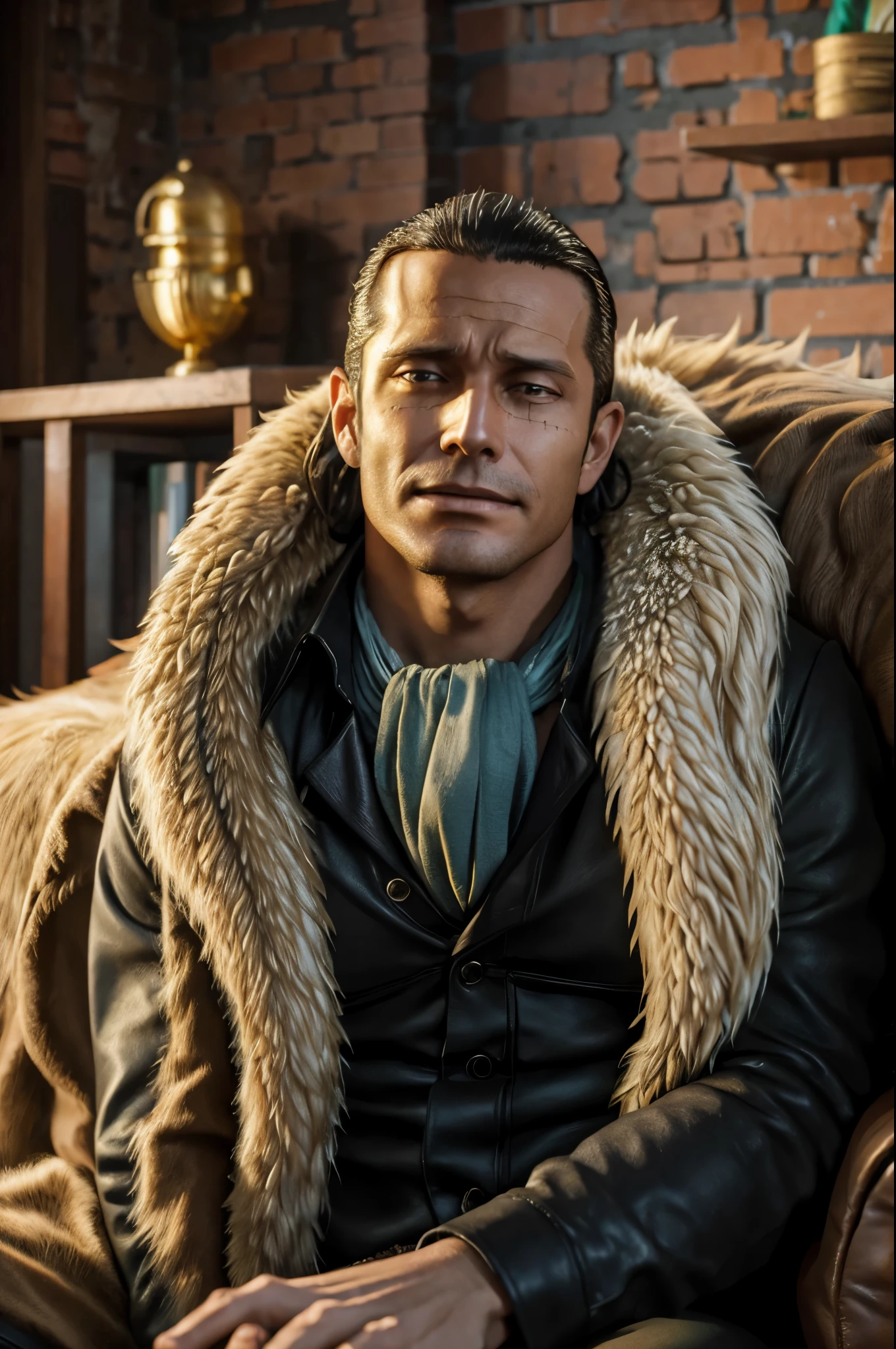 masterpiece, best quality, extremely detailed, hyperrealistic, photorealistic, a cool 40s man, ultra detailed face:1.2, fur-trimmed coat, scarf around the neck, his left hand is a golden pirate hook:1.1, living room, sitting on sofa laughing
