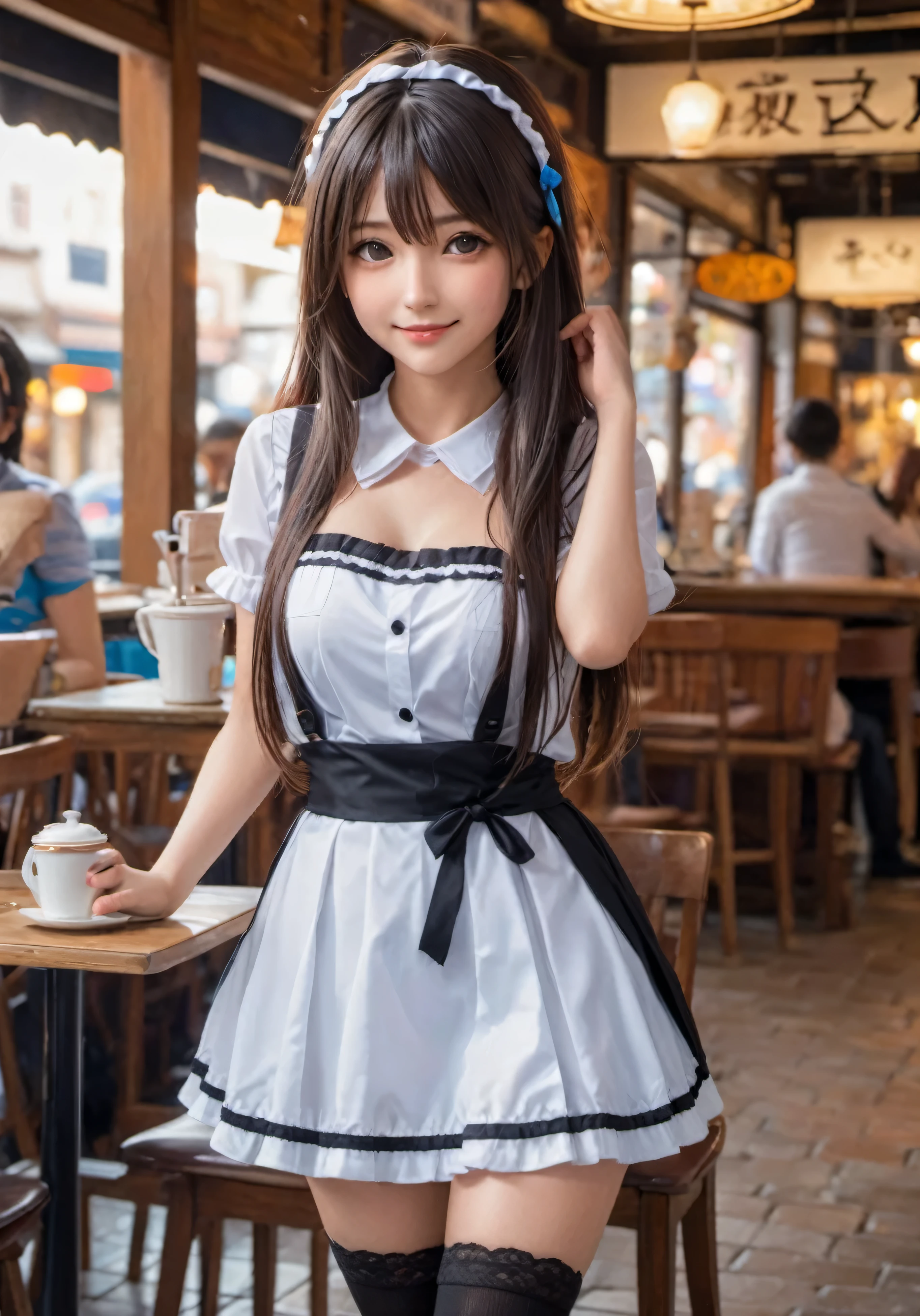 photograph, disorganized, High resolution, super detailed, maid girl,:d、((Long straight hair_Hair reaching down to the waist:1.3))、mini skirt、In a crowded café at dusk、((shy smile:1.3)),