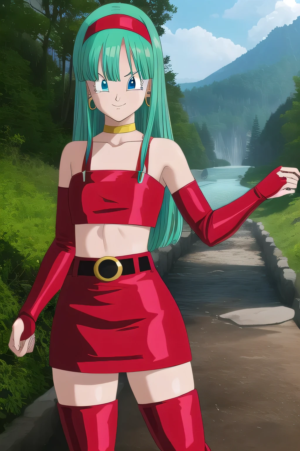 dbgtbra,1girl,solo,aqua hair,straight hair,long hair,aqua eyes,red hairband,
smile,closed mouth,cowboy shot,
red thighhighs,bare shoulders,collarbone,red boots,midriff,shiny,red belt,zettai ryouiki,red crop top,red skirt,thigh boots,red footwear,red tube top,neck ring,yellow choker,red miniskirt,bridal gauntlets,red gauntlets,tube top,leather,
forest,outdoor,
(insanely detailed, beautiful detailed face, masterpiece, best quality) cinematic lighting,