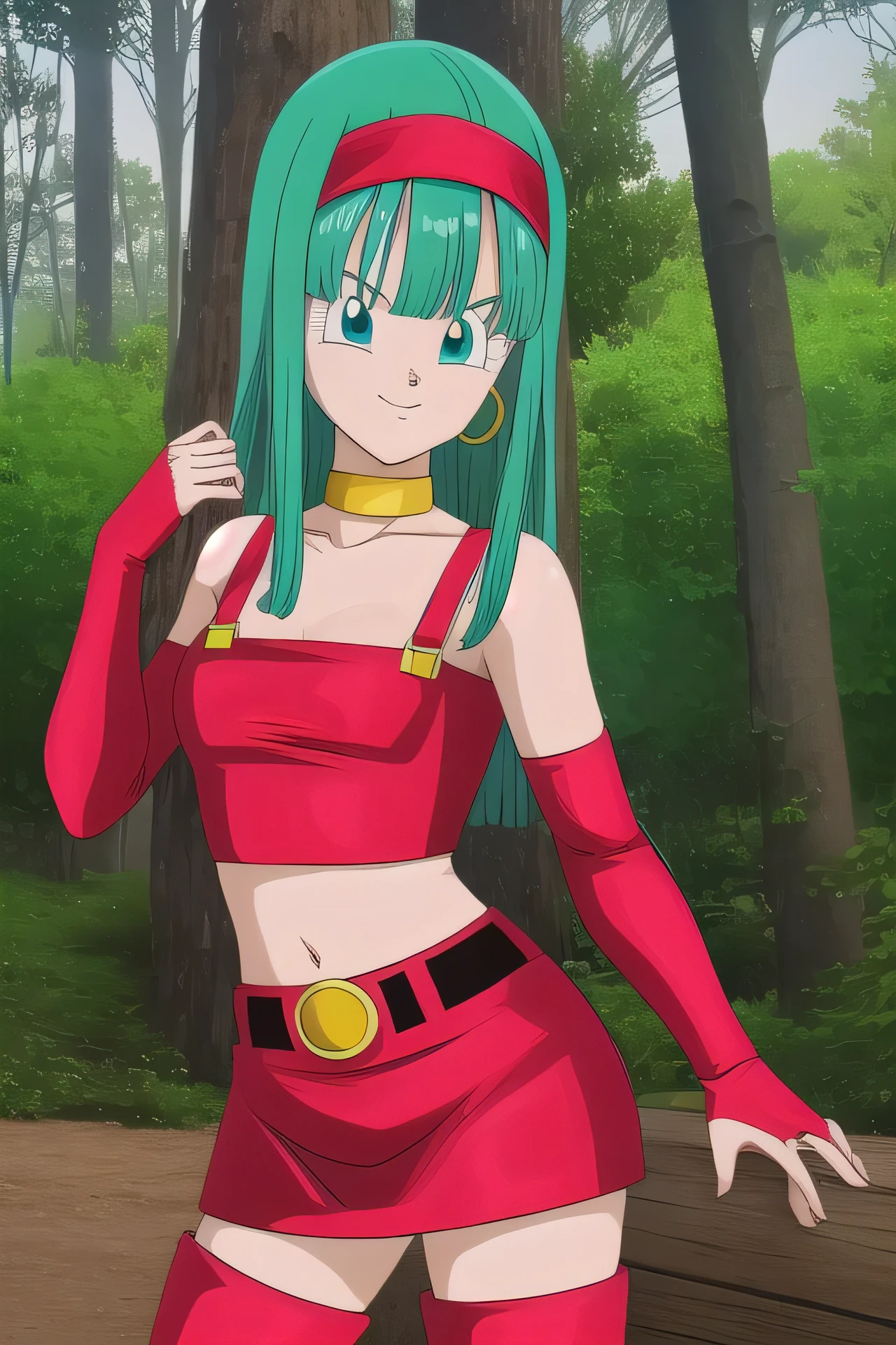 dbgtbra,1girl,solo,aqua hair,straight hair,long hair,aqua eyes,red hairband,
smile,closed mouth,cowboy shot,
red thighhighs,bare shoulders,collarbone,red boots,midriff,shiny,red belt,zettai ryouiki,red crop top,red skirt,thigh boots,red footwear,red tube top,neck ring,yellow choker,red miniskirt,bridal gauntlets,red gauntlets,tube top,leather,
forest,outdoor,
(insanely detailed, beautiful detailed face, masterpiece, best quality) cinematic lighting,