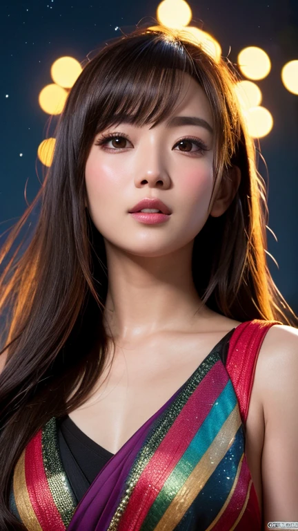 (RAW Photo, Best Quality), (Realistic, Photo Realistic: 1.3), Best Quality, Highly Detailed, Masterpiece, Ultra Detailed, Illustration, 1 Girl, upper_body, Dynamic Angle, Extremely Detailed CG Unified 8k Wallpaper, Ink, Amazing, Movie upper_body, Dynamic Angle, World Mastery Theater, messy_long_hair, Best Quality, Extremely Detailed CG Unified 8k Wallpaper, Ink, Amazing, Movie Lights, lens_flare, dunhuang_style, Detailed Face, Beautiful Rendering of Tang Dynasty, (Deliberate expression: 1. 5), Standing in a flower field, (Looking up at the stars: 1.2), Fireflies, sony master shot, woman posing for photo in front of tv, brown hair and bangs, hi-res screenshot, nicovideo, normal hands, vivid colors, full face shot of limur tempest, nice studio lighting, vhs screenshot, beautiful fine face