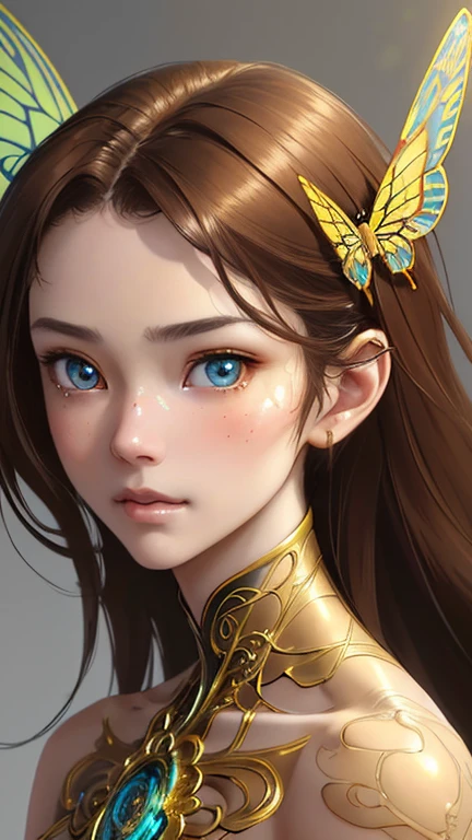 8k portrait of beautiful cyborg with brown hair, Complex, elegant, very detailed, majestic, digital photography, artgerm、ruan jia、greg rutkowskiによるアート、surrealistic painting、gold butterfly filigree, Broken glass, (masterpiece, side light, Beautiful detailed eyes: 1.2), HDR,