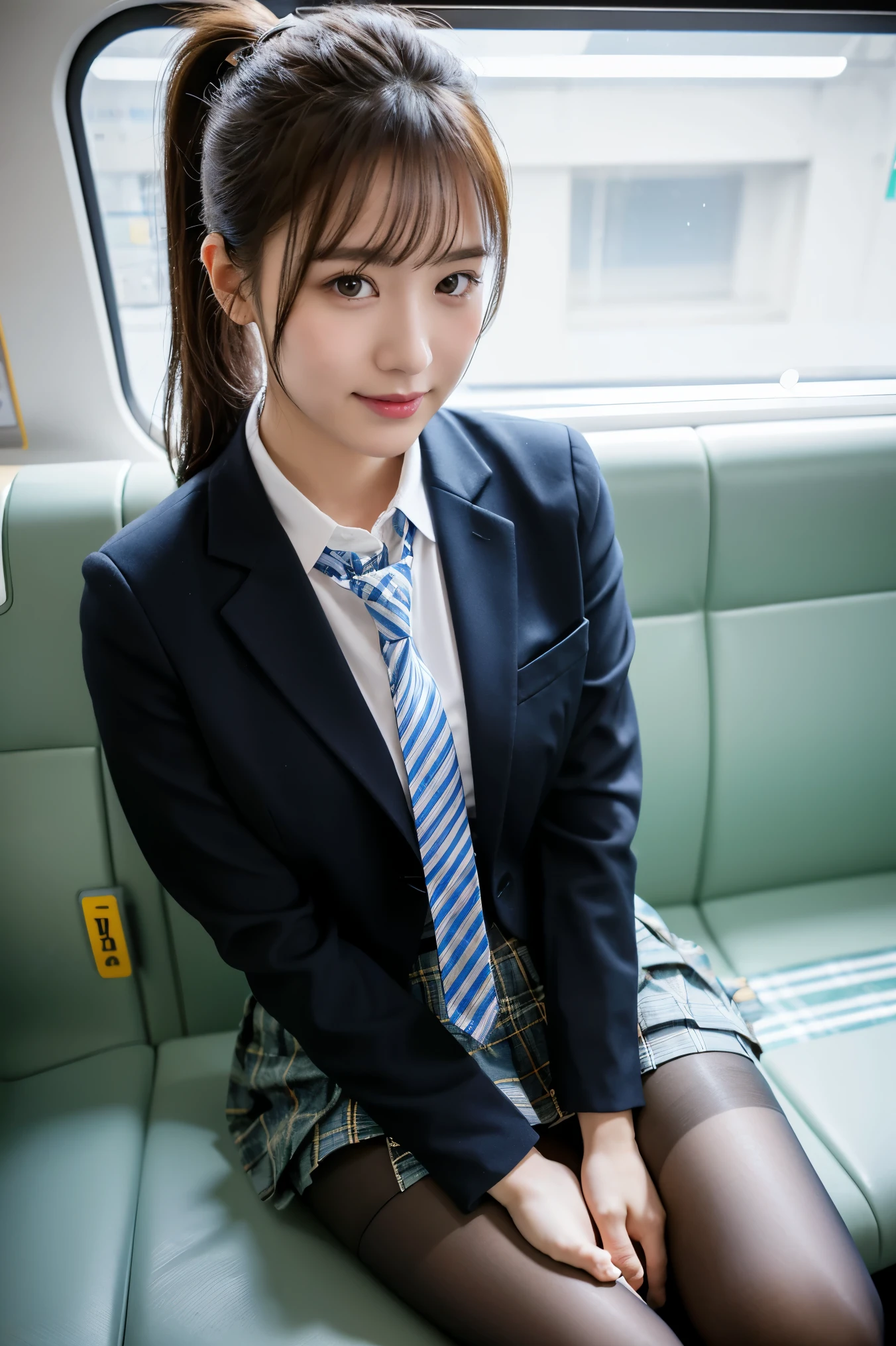 (8K), (highest quality: 1.2), (realistic), (realistic: 1.37), ultra high resolution, 1 girl, cute, smile, closed mouth, beautiful details, beautiful nose, wet hair, giant dulcefo, pork, thighs，Self snap,University Student Uniform,Sitting on a Tokyo train,simple blazer,pleated skirt,(The pattern of the skirt and tie is a tartan check pattern..:1.3),cross your legs, From above,thighs,ponytail,opaque knee high tights