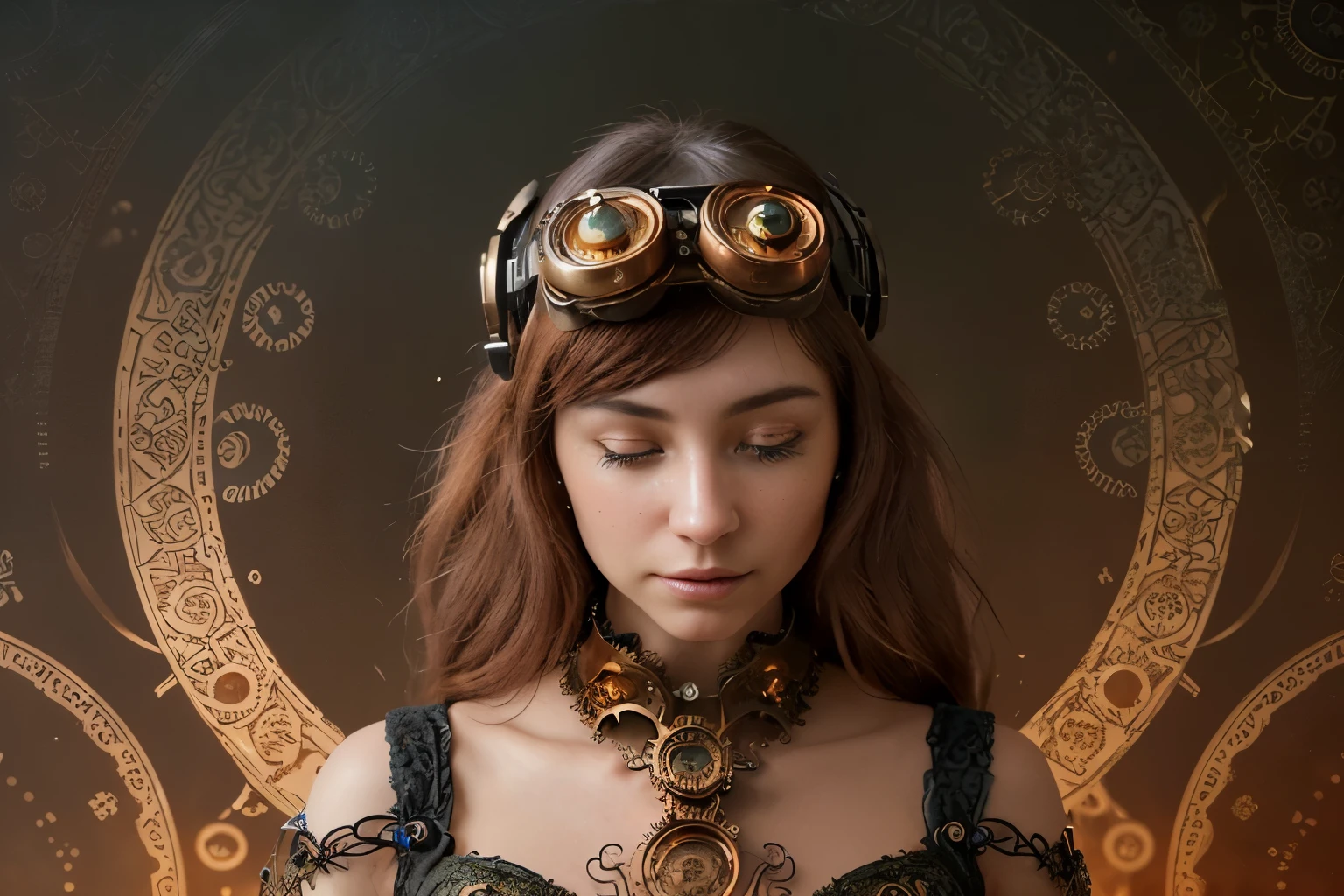 A mesmerizing steampunk VR headset gleams with intricate gears, brass fittings, and delicate filigree, all shimmering in shades of copper and gold. This fantastical device appears in a vivid gouache painting, capturing every detail with breathtaking precision. The overall effect is utterly enchanting, drawing the viewer into a world where technology and beauty coexist in perfect harmony. The image is a stunning work of art, showcasing the artist's skill and imagination in equal measure.