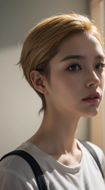 8k, highest quality, tabletop:1.2, (realistic, photorealistic:1.37), highest quality, beautiful young woman, pensive expression, gentle eyes, shy, short hair, blonde, disheveled mood, fair skin tone, night, starry background