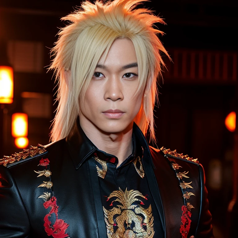 1 man, Japanese man, male, Asian eyes, muscular, broad shoulders, dragon tattoos, hairstyle Visual Kei style, hair Visual Kei, black men's shirt and black pants, ultra detailed face, hyperrealistic, realistic representation, long hair, long hair, 30 years old, age 30 years, blond, blonde hair