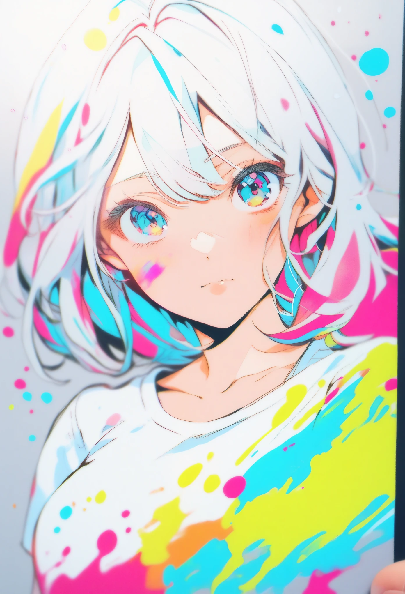 Lovely beautiful girl，1 girl，Wearing a platinum shirt，Half-length photo，Black clear eyes，Small face，color splash，splash of color，Messy lines，closed mouth，long eyelashes，White shirt，Upper body，paint splatter，acrylic paint，Rainbow color hair，Highest quality，The background is a sky full of falling flowers