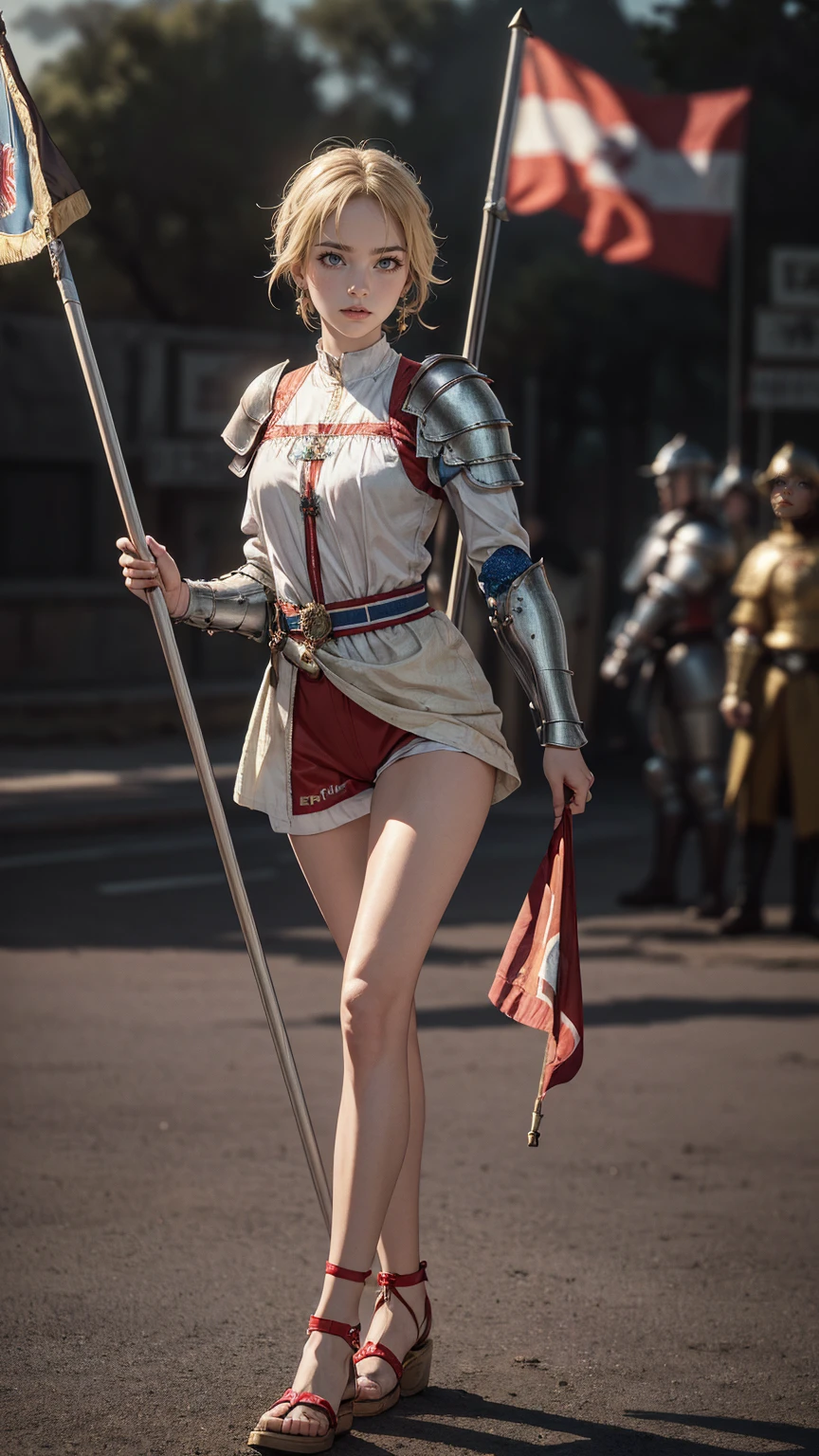 ((最high quality, 8K, masterpiece: 1.3, Ultra HD, high quality, 最high quality, High resolution, realism)) 、(high color saturation:1.0), (highly detailed skin), (最high quality:1.0), (超High resolution:1.0) ,(realistic:1.0), (Super detailed:1.0), (8K, Raw photo:1.1), slender、Slender, muscular body that's toned like an athlete's、Jeanne d'Arc、Wearing Western armor from head to toe、holding a pole with a flag on it、nice body、I'm on top of a small hill、There are many knights in armor around.、It's a battlefield、There are many dead soldiers around