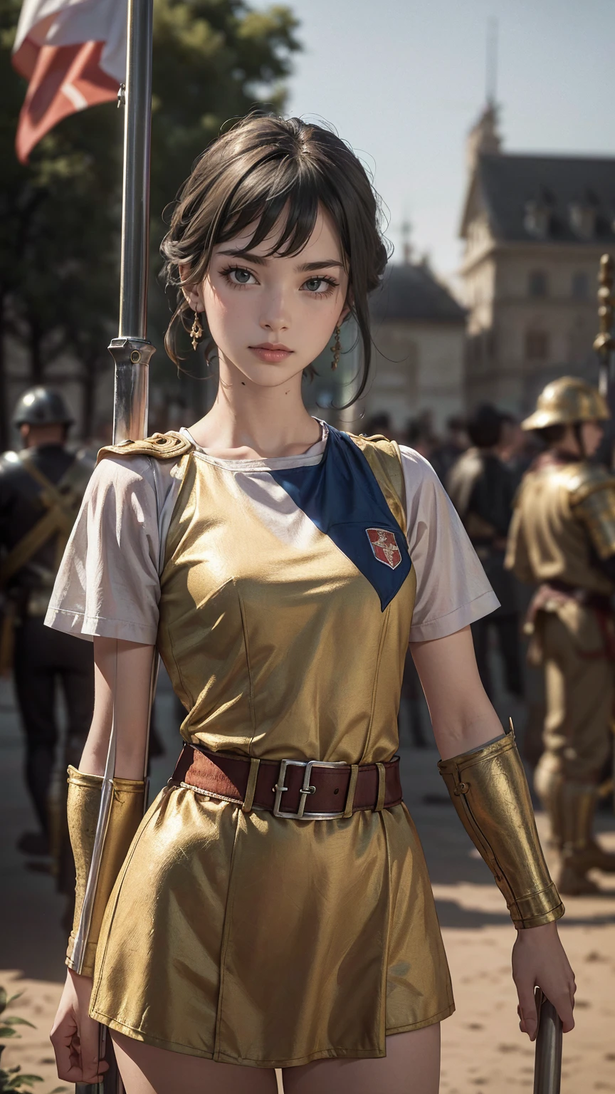((最high quality, 8K, masterpiece: 1.3, Ultra HD, high quality, 最high quality, High resolution, realism)) 、(high color saturation:1.0), (highly detailed skin), (最high quality:1.0), (超High resolution:1.0) ,(realistic:1.0), (Super detailed:1.0), (8K, Raw photo:1.1), slender、Slender, muscular body that&#39;s toned like an athlete&#39;s、Jeanne d&#39;Arc、Wearing Western armor from head to toe、holding a pole with a flag on it、nice body、I&#39;m on top of a small hill、There are many knights in armor around.、It&#39;s a battlefield、There are many dead soldiers around