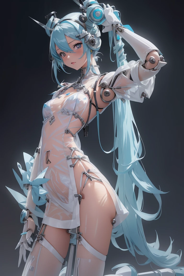 cyberpunk,Hatsune Miku,(see through:1.5),maid (1 girl),Colored inner hair,(((toy doll))),((toy doll joints:1.5,Manipulator:1.5)),((silver armor dress)),White translucent metallic leather,(Mechanical joint: 1.4),mechanical limbs,very shiny skin,shining body,white plastic glitter skin,wet legs,only_Shoulder,Delicate metal decoration,sleeveless,mini skirt,boots,straighten your back,angle to floor:1.2,low camera angle,((bright colors)),(complicated background),(Delicate images),(Photorealistic: 1.4),(Highly detailed),(high resolution),(Best quality),(masterpiece)