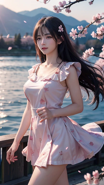 (logo, masterpiece, 8K, table top, Raw photo, wonderful, 最high quality, Photorealistic and very detailed CG Integrated 8K Wallpaper, high quality, very detailed, Narrative poem, particle effects, dynamic effects, character border depth, (movie light, Lens flare, ray tracing), fantasy, (single beauty, dress, one piece, black hair, beautiful face, real face, Beautiful eyes in detail, beautiful skin, long hair fluttering in the Wind, long hair bounces , long hair dancing in the Wind), (cherry blossoms, cherry blossoms, cherry blossom petals dance, cherry blossoms吹雪, falling petals), Wind blowing hair, hair flies, pink cherry blossoms, petals dance, cherry blossoms吹雪, Nice views, sunrise , Sun in the background, Wind, god々, teeth, god聖な物語, vast land