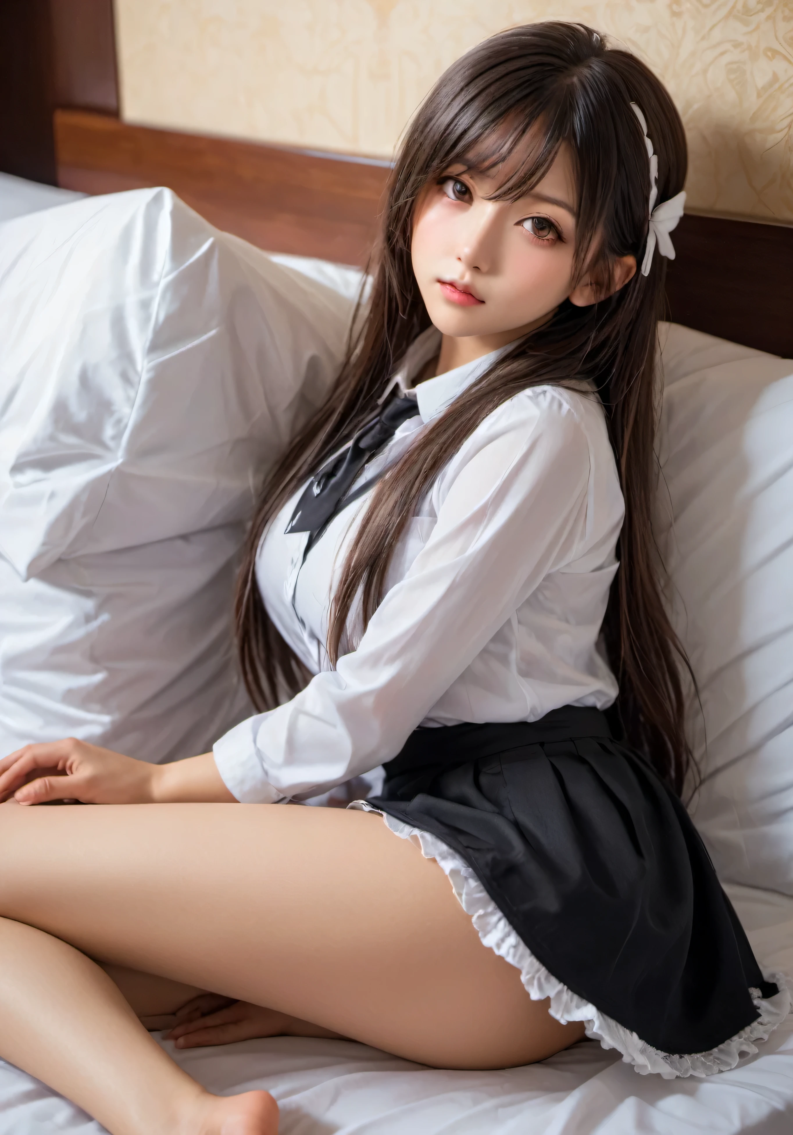 female high-school student，Standard student appearance，Asia face，（middlebreast，），It's more volatile，adolable，rays of sunshine，（perfect bodies：1.1），（Medium length hair：1.1），black color hair，black lence stockings（lacepantyhose），without wearing shoes，Single full-body photo，At home，One man only，Wear white lace and semi-translucent clothing