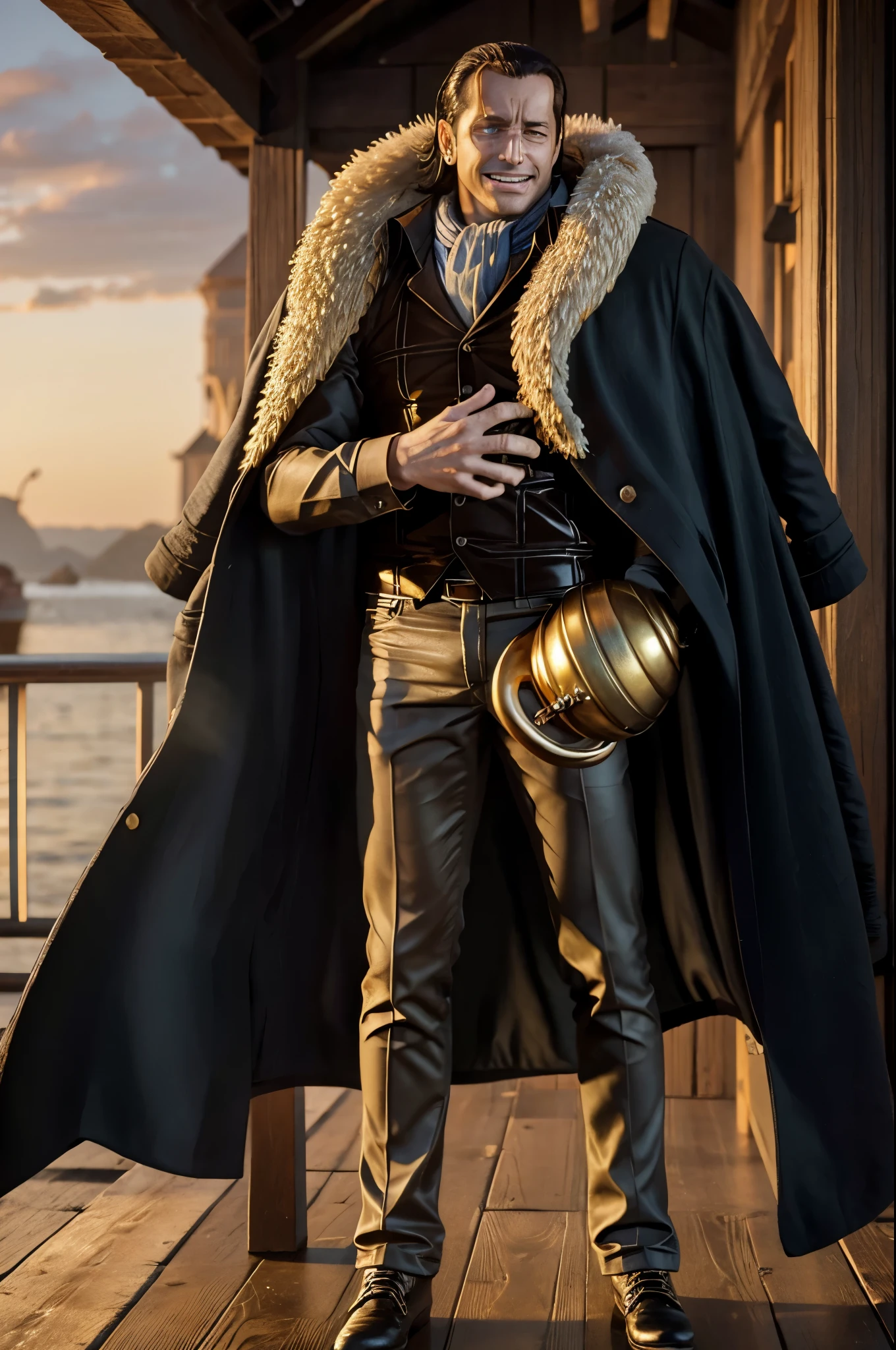 masterpiece, best quality, extremely detailed, hyperrealistic, photorealistic, a cool 40s man, ultra detailed face:1.2, fur-trimmed coat, scarf around the neck, his left hand is a golden pirate hook:1.1, on ship, sea:1.2, laughing
