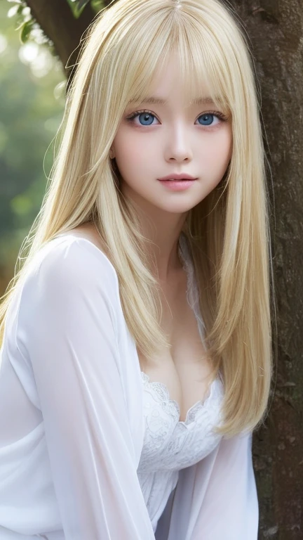 real photo quality、A very beautiful girl、extraordinary sexy beauty、Beautiful calm and bright expression、sexy and refreshing look、Long bangs that fall on a perfect beautiful cute face、Super long blonde straight silky hair、blonde on a beautiful face、very cute beautiful sexy young little very perfect beautiful cute face、Beautiful bright sky blue eyes、very big eyes、hair above eyes、片hair above eyes、hair between eyes、Very radiant white skin、cheek gloss