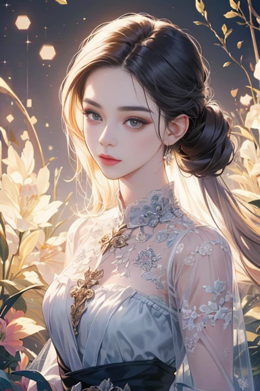 (lip details), (realistically:1.37), (Bright colors), (studio lighting), (focus sharply), (high dynamic range), (Bokeh), (contrast), (KHD:1.2), (Elegant hairstyle), (elegance), (like々New), (luxury and sophisticated accessories), (shine目), (shine), (calm), (shine), (dream-like), (dynamic), (Gorgeous), (sensitive), (drastic), (Complex), (eternal), (とても美New服,delicate floral lace embroidery), (Mysterious), (ethereal), (Mysterious), (perfect perfection), (interesting), (Individuality), (master piece), (High resolution), (highest quality, 4k, 8K), alone, 18 year old girl.