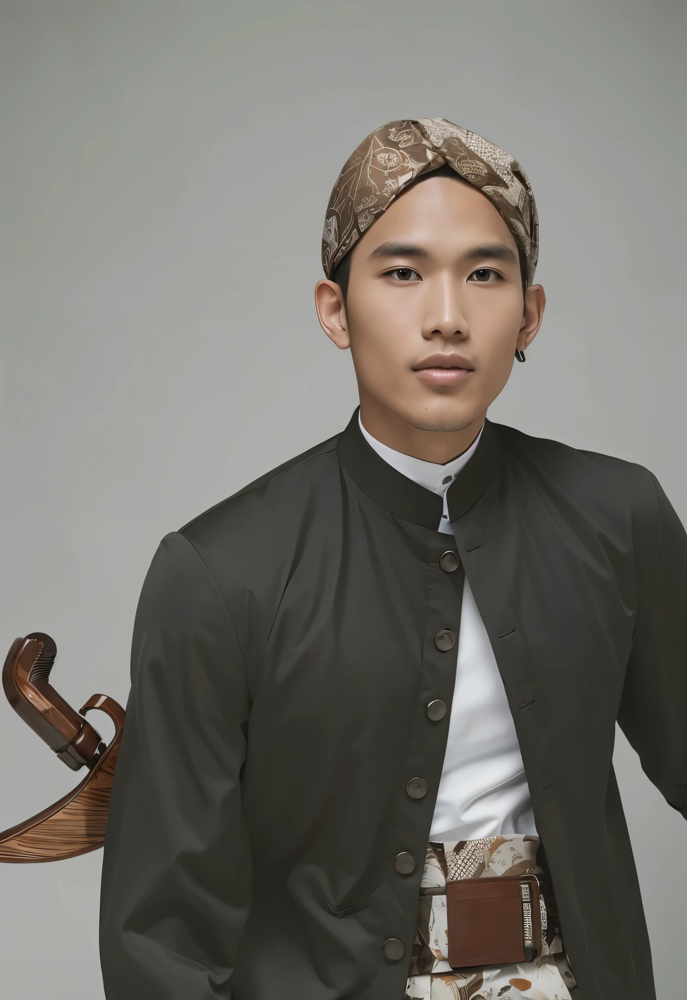 a man wearig a bendo with a brown and white floral  batik pattern, backgraund light grey