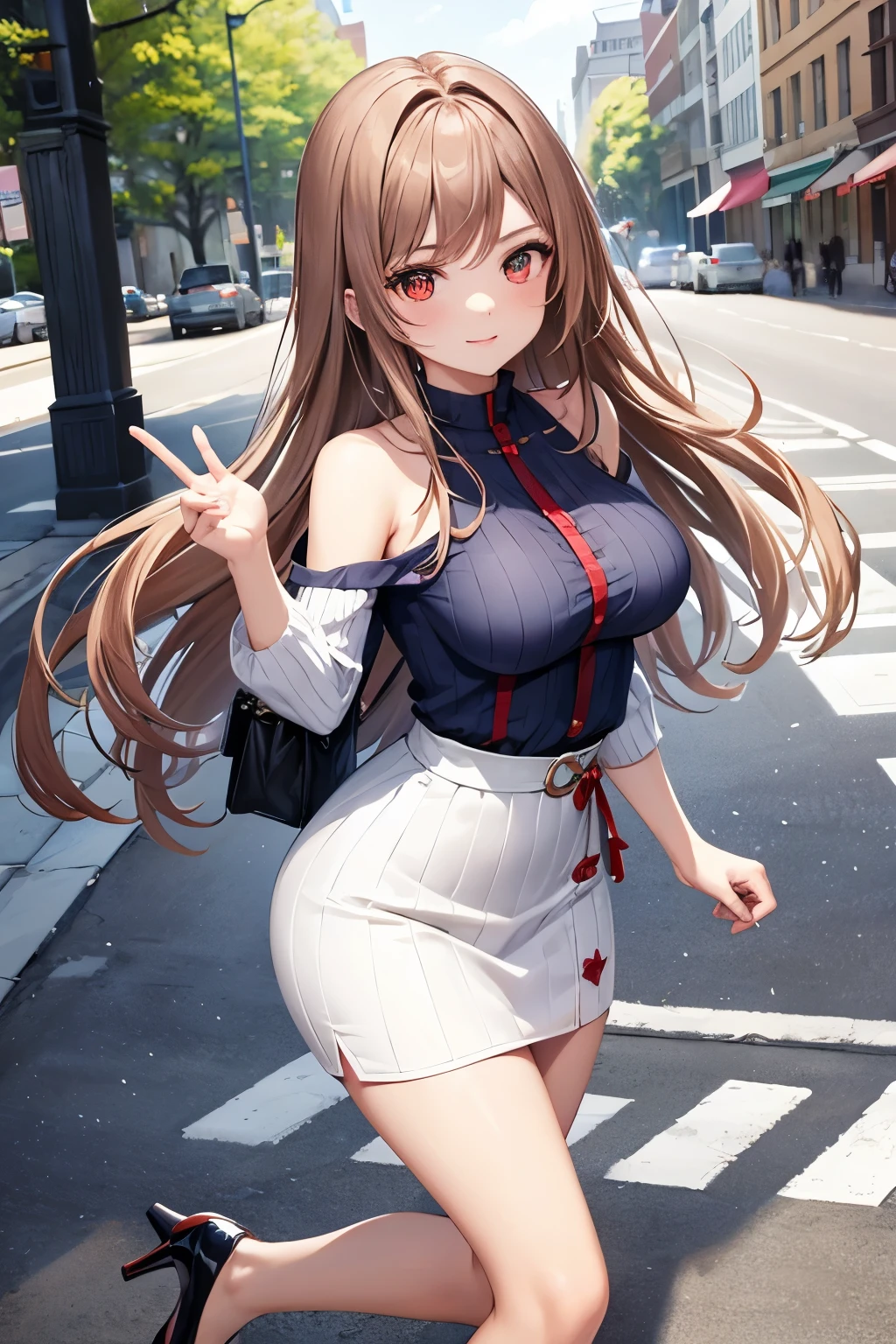 Game , goddess of victory nikke, Rapi , light brown hair,  alluring eyes ,beautiful face , crystal red eyes ,  long hair , Korean ruffles off shoulders tops , blue colour , white colour solid ribbed knit pencil skirt ,selfie wind, 1 hand bag, cheerful eyes, ,g cup breast, slender waist, bewitching thighs, five fingers each hand, two hand ,two leg , in town, date, standing, beautiful, high heels, daylight, recreation park,