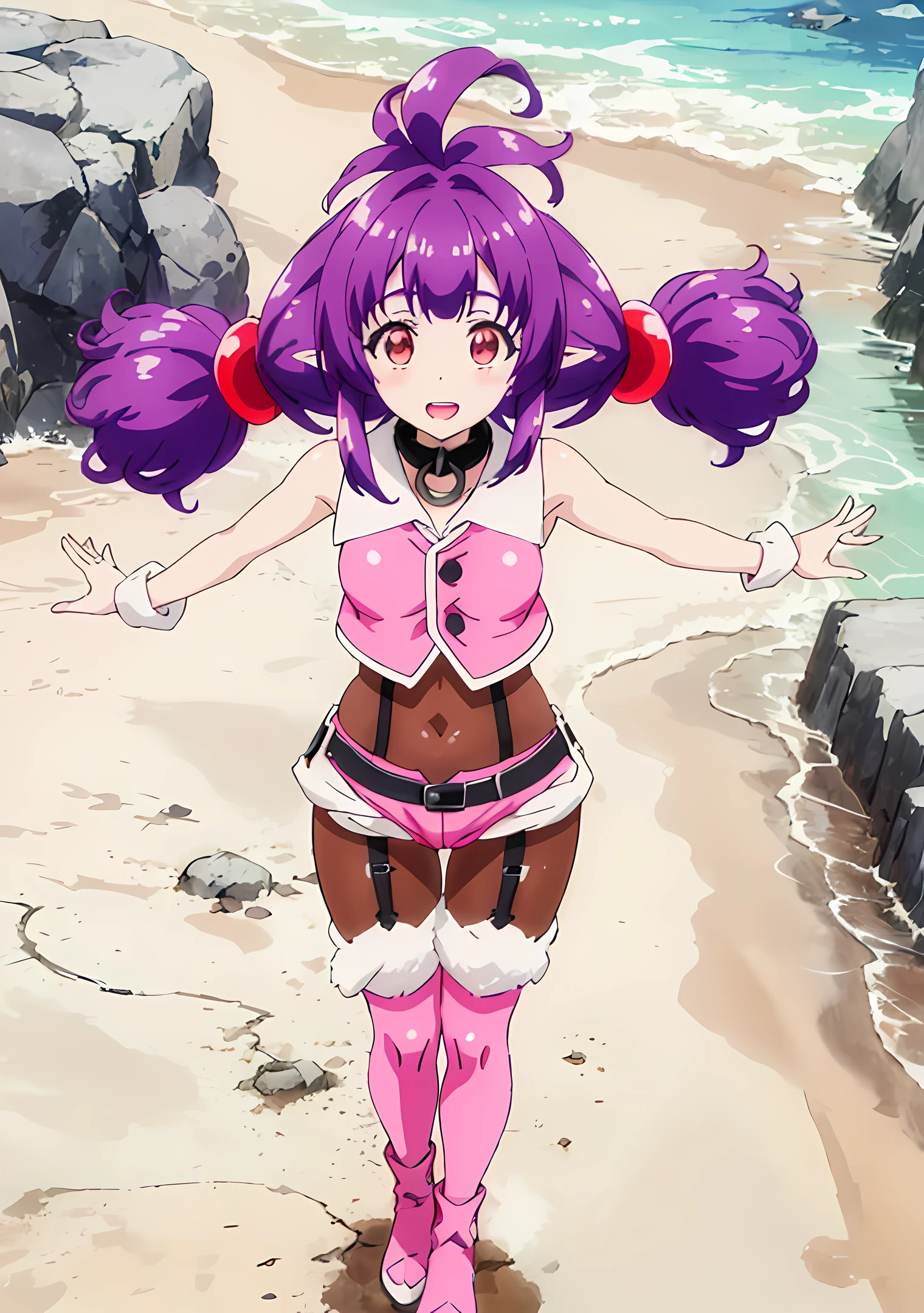 (short:1.4), (sherry:1.6), a woman on an island beach, (dynamic pose:1.4), official anime artwork, official artwork, anime moe artstyle, dreamy psychedelic anime, anime wallaper, anime visual of a cute girl, official art, fanart, masterpiece, best quality, high resolution, 8K, 4K, looking at viewer, large breasts, ass, smile edgYSD, collar, (dark brown leggings:1.5), (dark brown tights bodysuit:1.6), (purple hair:1.4), multiple ahoge, (dark red-gold eyes:1.2), gold eye accent, (hair_ornament:1.4), twin-tails, hair_tie, 1 girl, young female, beautiful finger, beautiful very long legs, beautiful body, beautiful nose, beautiful character design, perfect eyes, perfect face, expressive eyes, perfect lighting, shiny skin, nsfw, flushed skin, blushing face, lewd smile, slightly open mouth, gravure, pinup, very long legs, long thin pointy ears, (all visible leg skin covered by tights:1.2), (all visible stomach skin covered by tights bodysuit:1.4), (all visible hips skin covered by tights bodysuit:1.4), arms completely visible, (arms showing skin:1.2), japanese skin, (solid colors:1.4), lidded eyes, dark red-gold eyes, (pink short shorts:1.6), (pink sleeveless buttoned top:1.6), (pink outfit:1.2), (white trim:1.8), (white lapel:1.4), (thigh-high pink boots with white lapel:1.9), (black belt:1.2), (black garterbelts:1.8), (black garterbelts connecting boots to shorts:1.4), (boots pulled up by bootstraps:1.4), (bright sunny day on the beach:1.4), waves, almost clear skies, sunny, trees, island plants, seashells, shoreline, top of pink boots are long white folded fabric with the bootstrap connected to the white part of the boots going above them