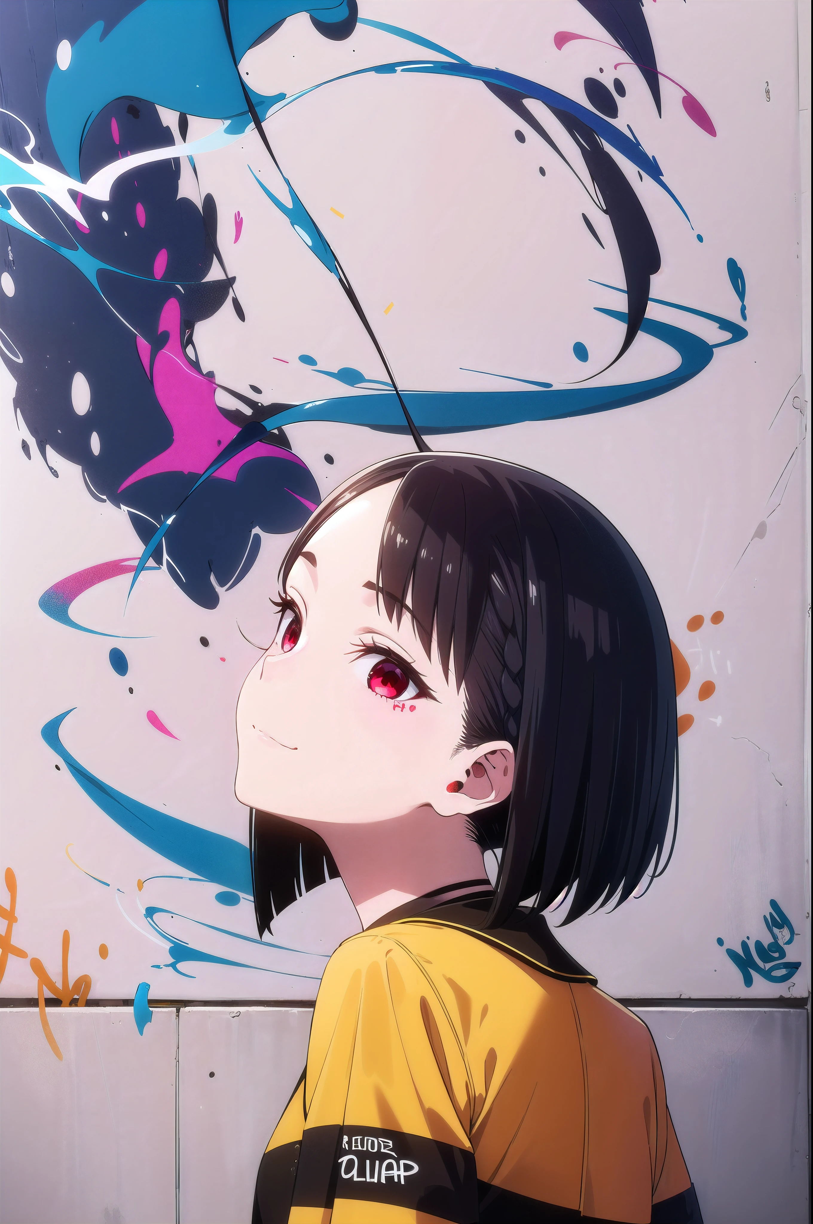 masterpiece, best quality, 1girl, solo, stylish crop top, smile, vibrant short black hair, bobhair, short-hair, short bob hair, (((bobcut))), bob haircut, very short bob cut, lip length hair, blunt ends, (sciled bob), buzzed nape ((haircut:1.3)), undercut, bobbed hair, minibob, sidecut, shaved, red eyes, graduation bob, straight short hair, short hair above the ears, Shot diagonally from the side, elegant braid, soft bangs, upper body, alluring choker, (graffiti:1.5), artistic paint splatter, seductive arms behind back, leaning against wall, exposed back, fashionable armband, urban hiphop style, flirty skirt, playful head tilt, intense expression, warm orange, dynamic asymmetrical design, bold geometric shapes, creative street art