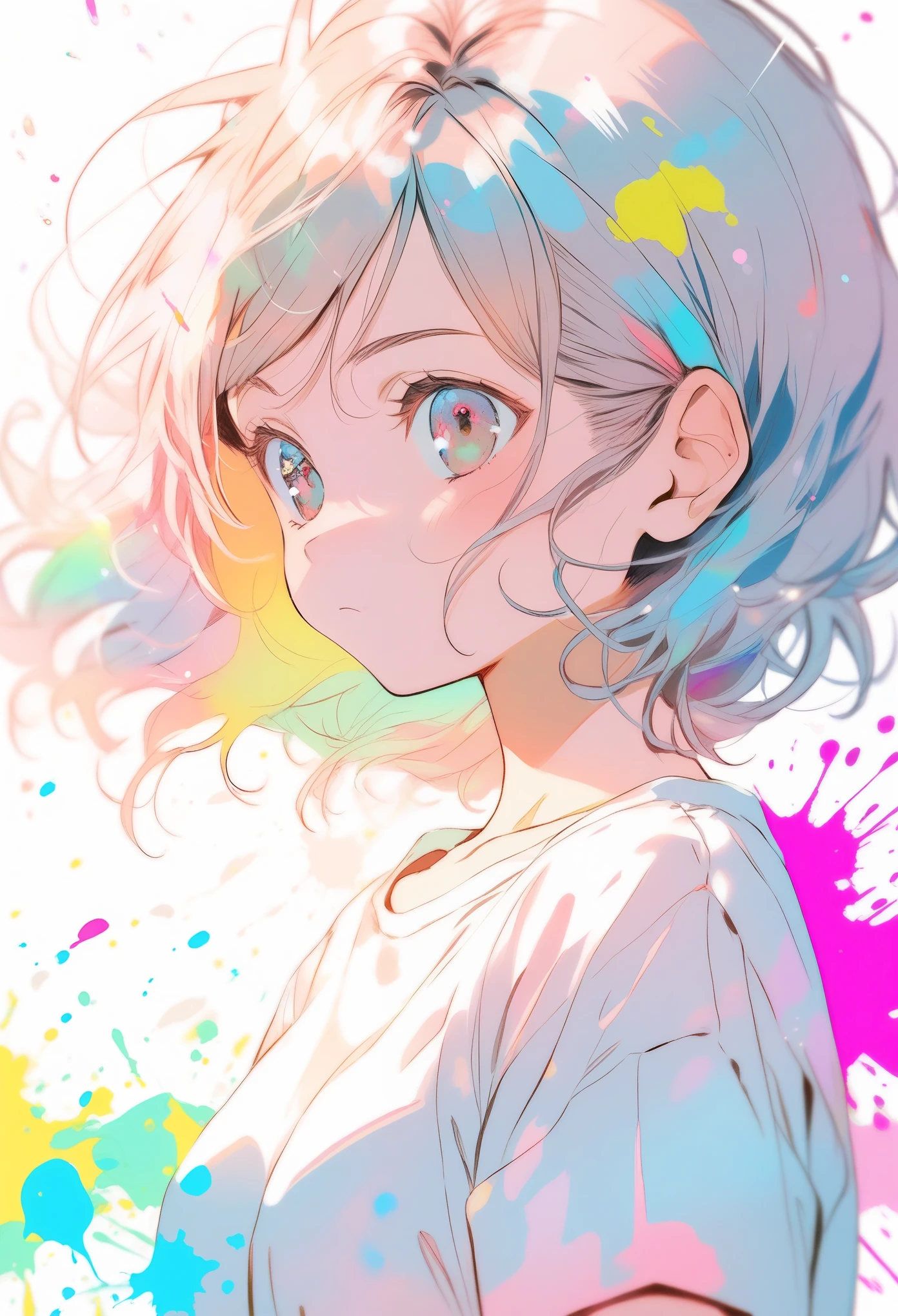 Lovely beautiful girl,1 girl,Wearing a platinum shirt,Half-length photo,Black clear eyes,Small face,color splash,splash of color,Messy lines,closed mouth,long eyelashes,White shirt,Upper body,paint splatter,acrylic paint,Rainbow color hair,Highest quality,The background is a sky full of falling flowers