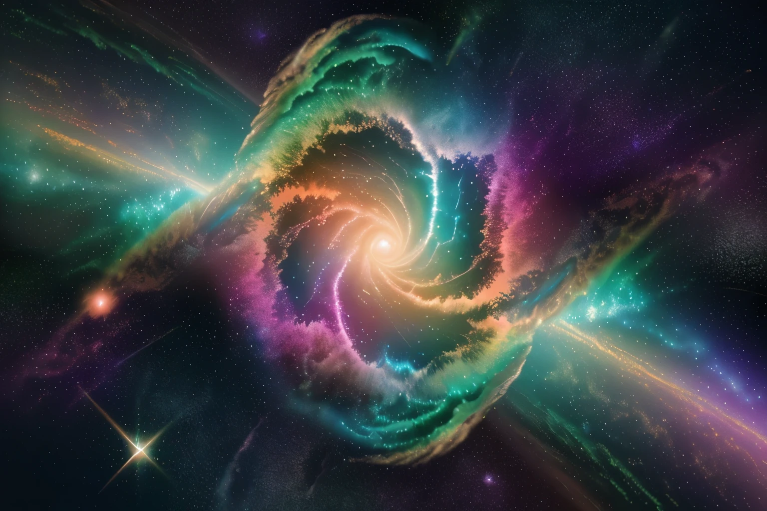 A shimmering holographic comet of garish colors whirls chaotically through a star-filled cosmos, its jagged edges glowing with unnatural hues. This digital painting portrays a fantastical space anomaly unlike anything seen before. The comet's iridescent pink, green, and orange streaks clash against the serene backdrop of twinkling stars, creating a mesmerizing display of otherworldly beauty. The flawless execution of this image transports viewers to a bizarre, captivating realm where the laws of physics seem to have no hold.