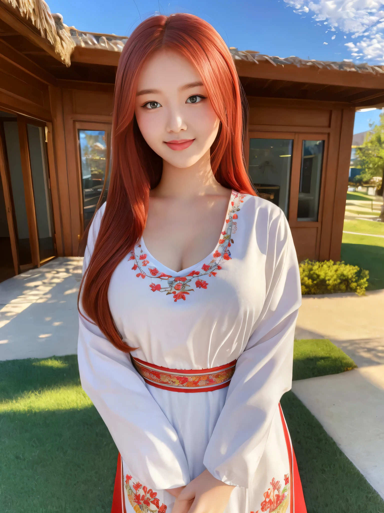 (masterpiece:1.2,highest quality),Photographed with an ultra-wide-angle lens,blur the background,1 High school girl,emphasizes the chest,(medium breasts),Cute ,red hair,detailed and beautiful eyes,blushing face,healthy skin,looking at the viewer,smile,(resort scenery),8K resolution, traditional mongolian dress