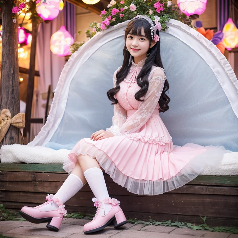 best quality, masterpiece, lifelike, 1 girl, alone, eternal, black hair, Long curly hair, blunt bangs, Smile, pink skirt, pink ta dress, layered skirt, Lolityle long skirt,分層連衣裙 lace-trimmed 裙子, decorate, lace, long sleeve, puff sleeves, wide sleeves, Transparent sleeves, hair accessories, 在flower园里, flower, Detailed background,  delicate face，pink blush，White knee-length socks, Pink shoes，cold，Lots of lace，((​masterpiece))、(top quality)、8K、high detail、super detailed、 21 years old female，穿着pink lolita d((dreamy atmosphere:1.1))、Seductive and whimsical style、​masterpiece、born、Scenes resembling fairy tale illustrations、Intricate details showcase the ruffles and intricate designs of the Lolita dressic、capricious、 beautifully、Dream aesthetics、「𝓡𝓸𝓶𝓪𝓷𝓽𝓲𝓬、ethereal、charming、fickle、magic」、realism、Visual effect、FXAA、SSAO、shader、voiceless、ambient lighting、Tone mapping、High resolution、ultra high definition、megapixel、(8K resolution:1.10)、8K、8K resolution、high detail、intricate details、 (high quality:1.2、​masterpiece:1.2、:1.21)、(21 years old female:1.21)、(興奮地Smile)、(Surrounded by the dreamy atmosphere of an amusement par色洛丽塔连衣裙、Her eyes were full of surprise and joy、I took a lot of geek photos、High heel、Model diagram，full-body shot，Knee-high 白色的 lace socks,Sweet Lolita，Normal 2 ，Pink shoes，Baotou shoes，full-body shot，Don't show your fingers，Emphasize the volume of the skirt，exposed，huge breasts，White panties,The skirt flew up，spread your legs，low cut，Expose panties，Puffy Skirt，hair accessories，big skirt dress