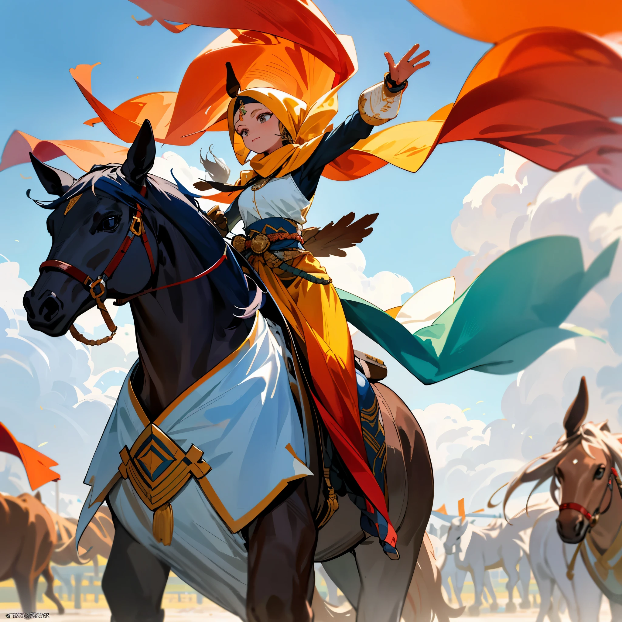 An Indonesian girl, adorned in vibrant colors of a traditional Muslim outfit, rides confidently on the back of a majestic horse. A stunning scene unfolds as a group of Marvel superheroes stand protectively behind her, their heroic poses exuding a sense of security and courage. The serene atmosphere is enlivened by the presence of the larger-than-life signboard in the backdrop, proudly displaying the name "Kampung Pangkalan Nyirih."
With the wind playing with her long, flowing hijab, the girl demonstrates an air of regality as she balances gracefully atop the horse. The superheroes, with their capes