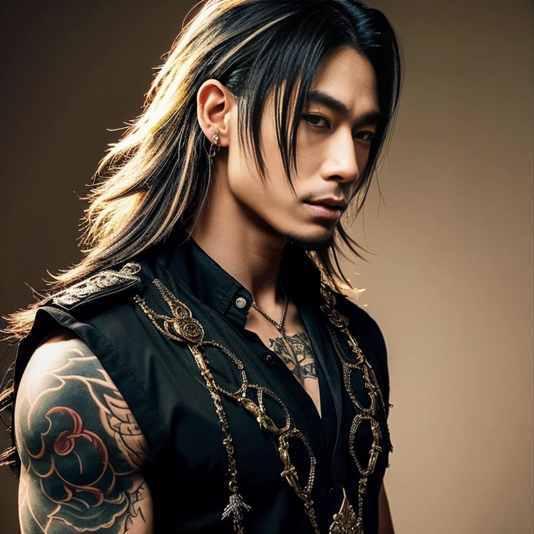 1 man, Japanese man, male, Asian eyes, muscular, broad shoulders, dragon tattoos, hairstyle Visual Kei style, hair Visual Kei, black men's shirt and black pants, ultra detailed face, hyperrealistic, realistic representation, long hair, long hair, 30 years old, age 30 years, blond, blonde hair